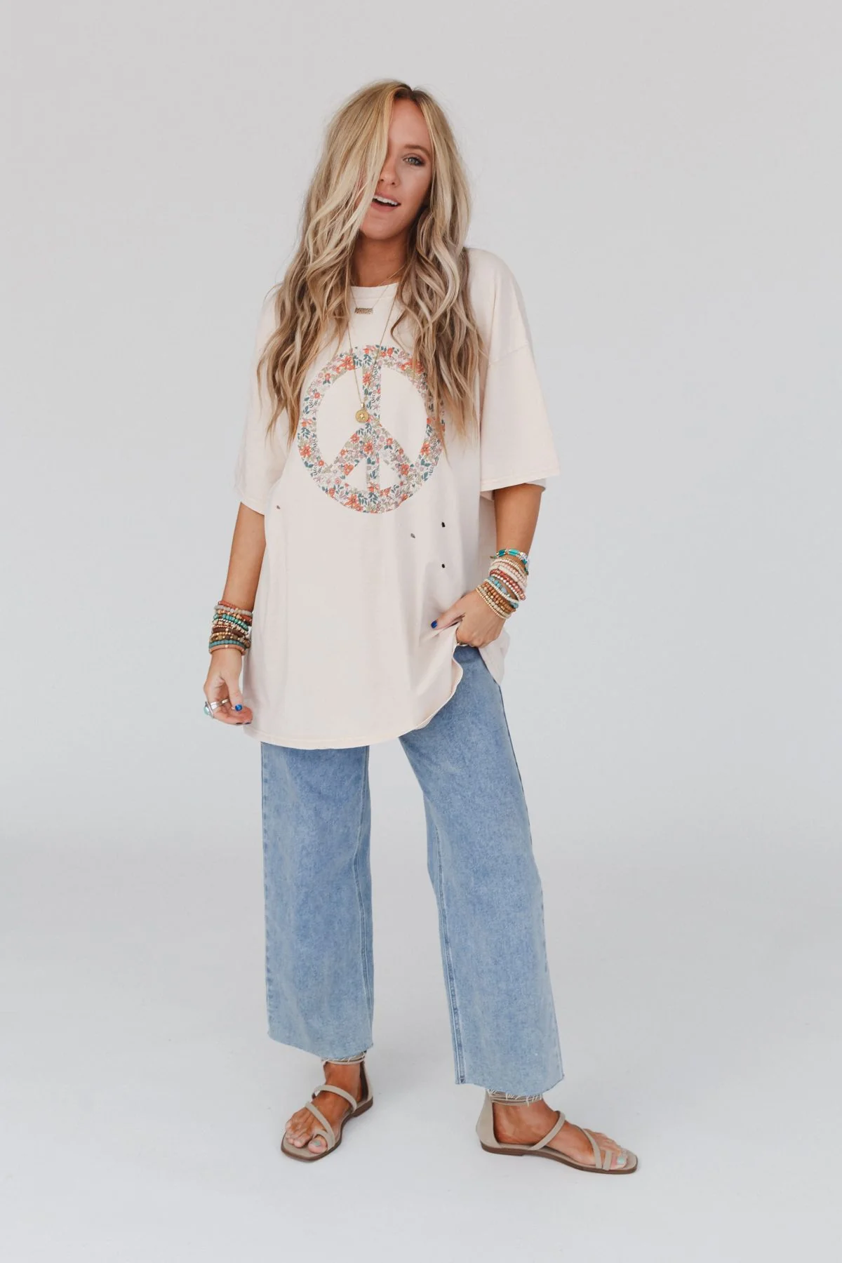 Jude Oversized Peace Sign Graphic Tee - Oatmeal - Image 8