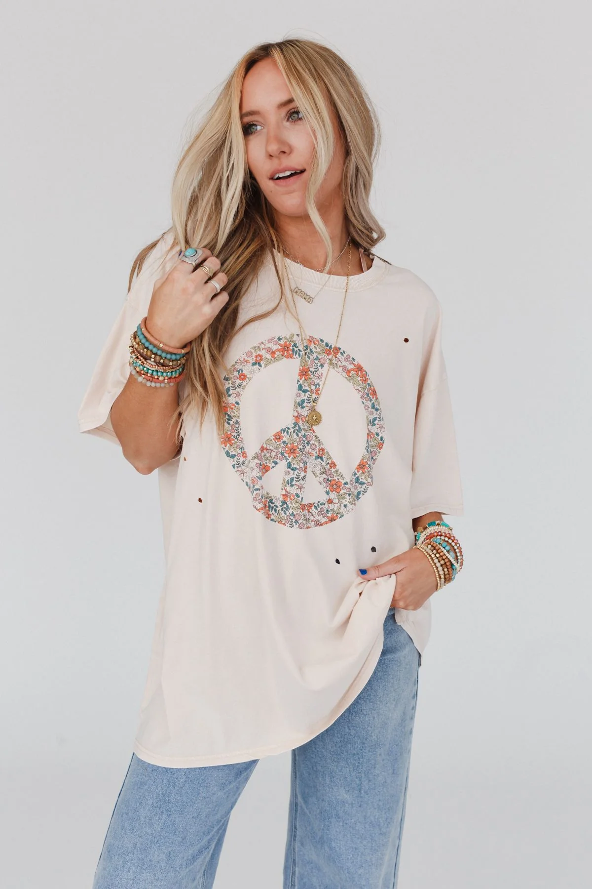 Jude Oversized Peace Sign Graphic Tee - Oatmeal - Image 9