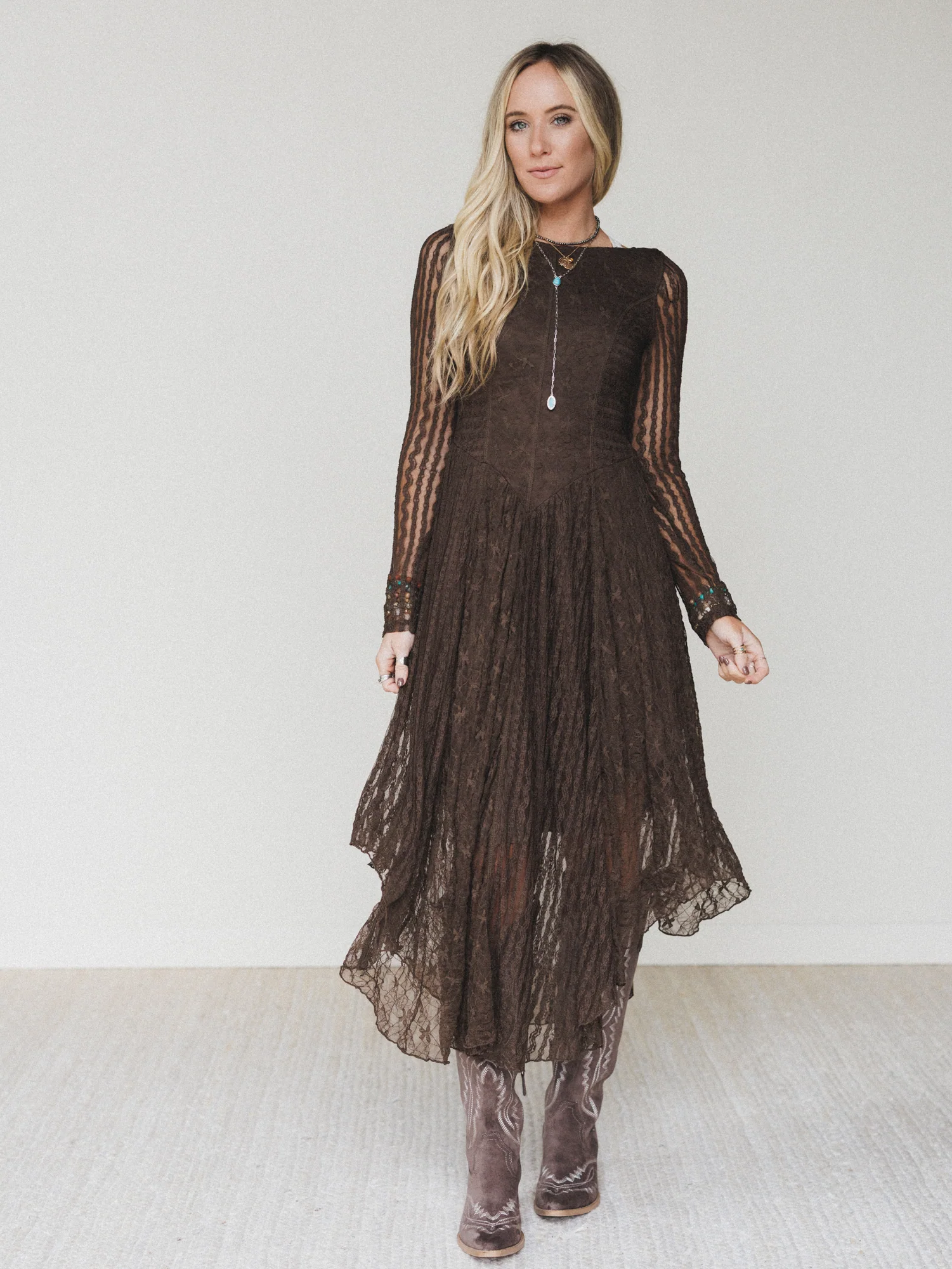 Lace Story Long Sleeve Midi Dress - Chocolate - Pre Order - Image 2