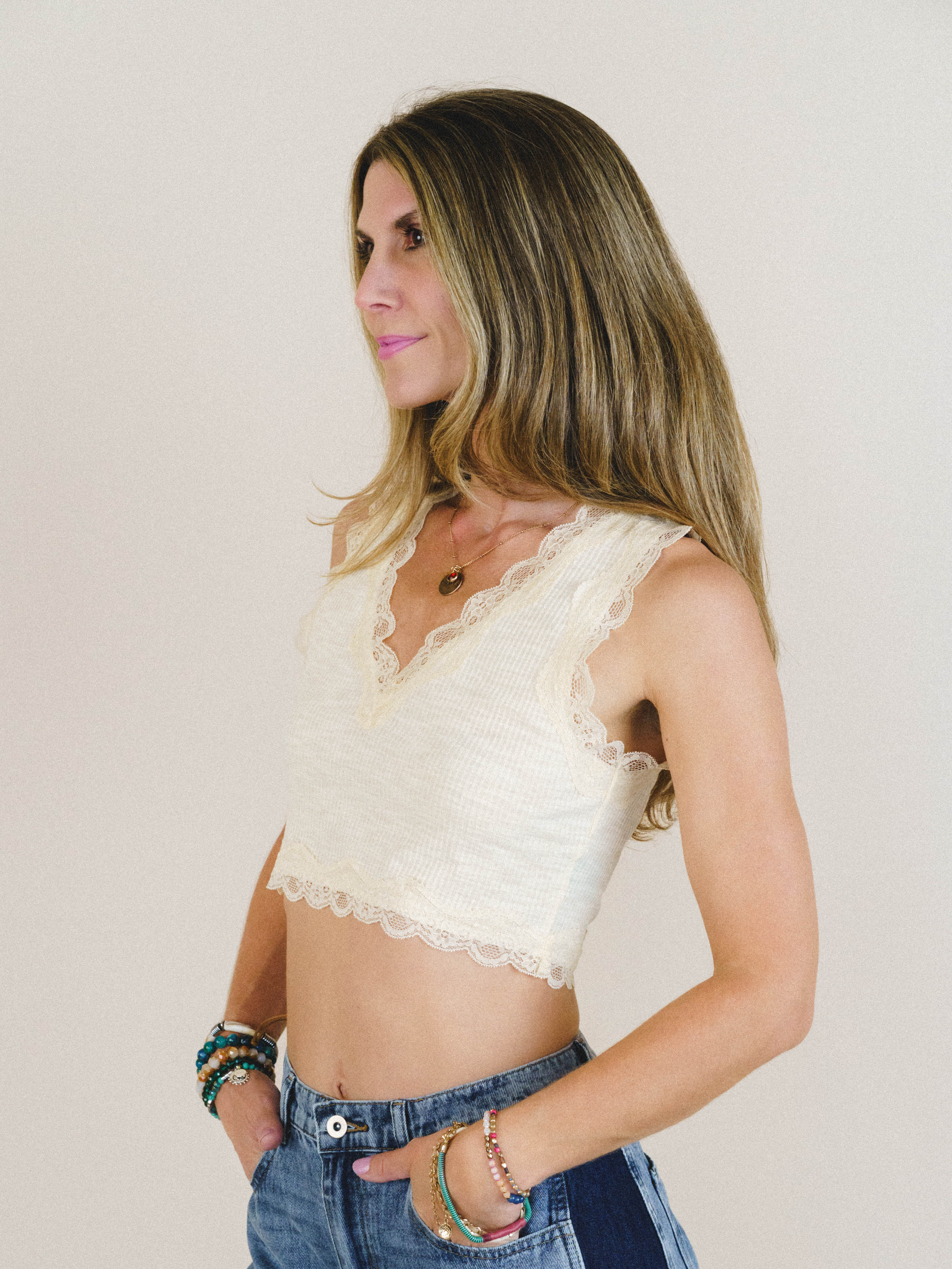 Lace Trim Cropped Cami - Vanilla - Image 3