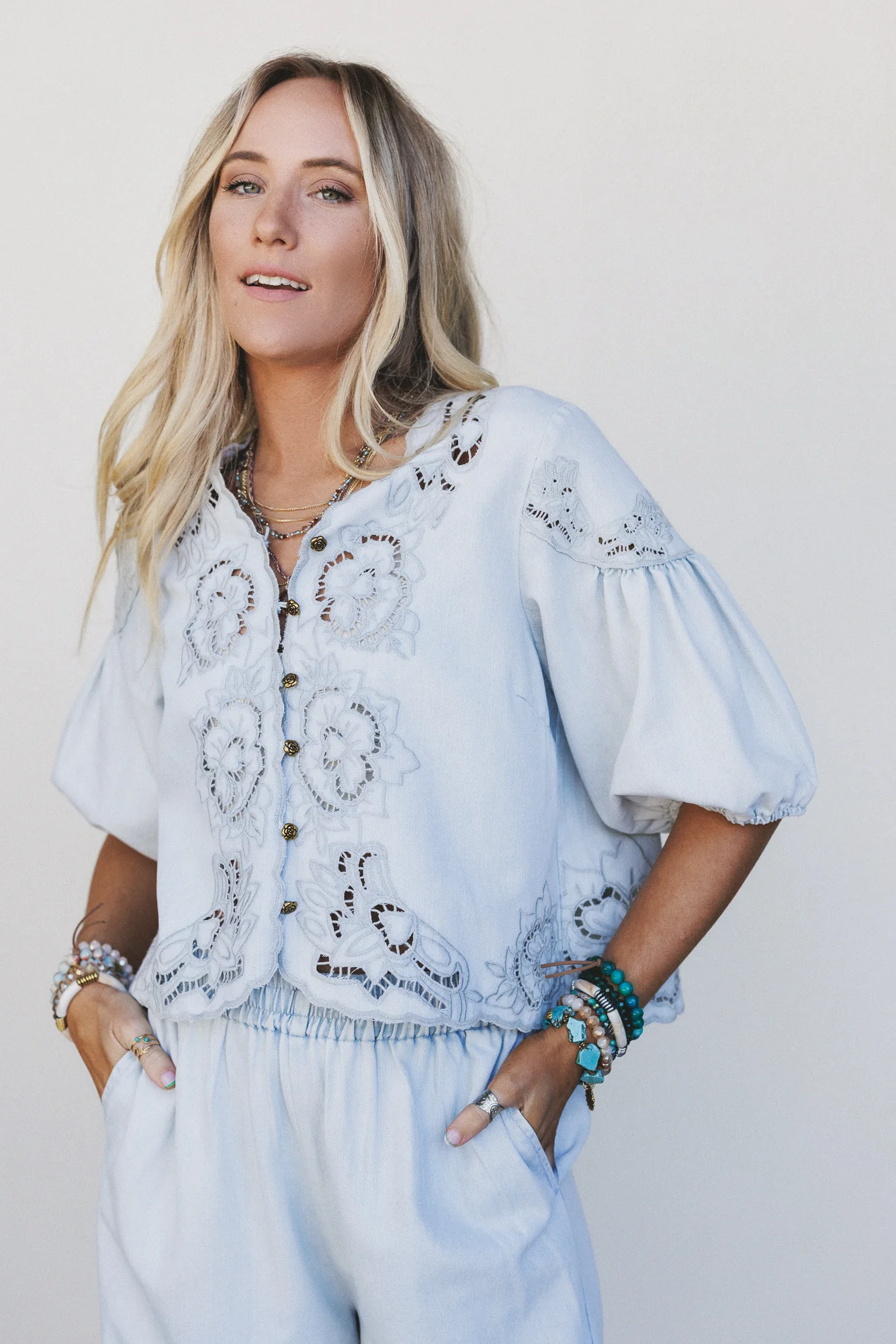 Leticia Embroidered Eyelet Top - Denim - Image 2