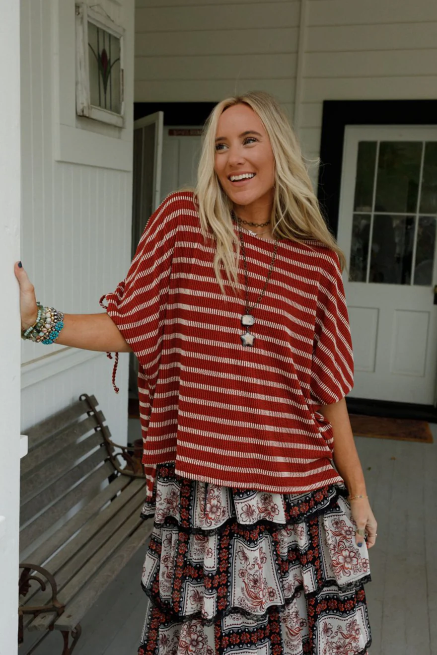 The Nest Little Lark Striped Puff Sleeve Tee - Rust - Image 3