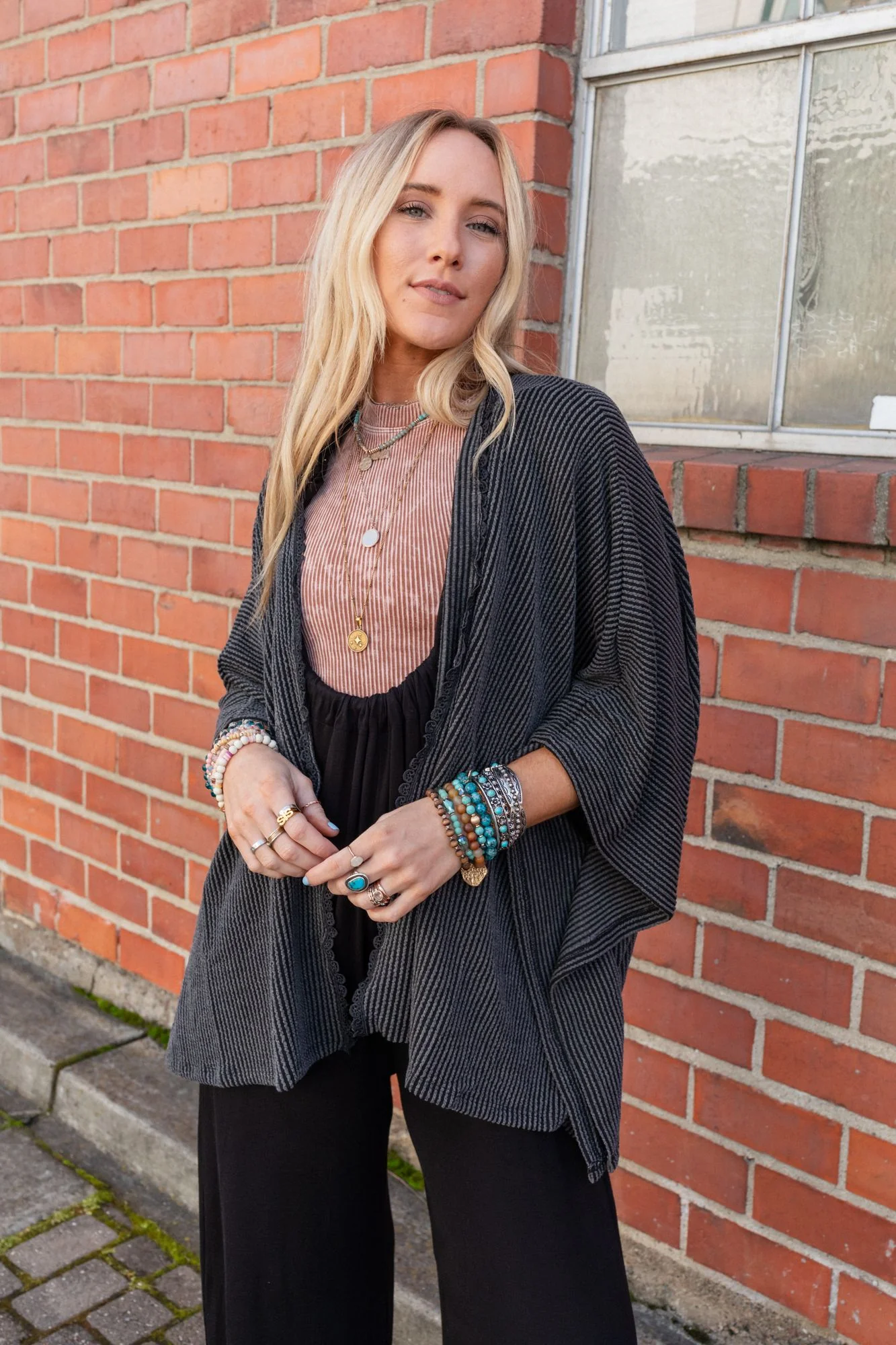 The Nest Lotus Lace Trim Ribbed Knit Kimono - Charcoal - Image 9