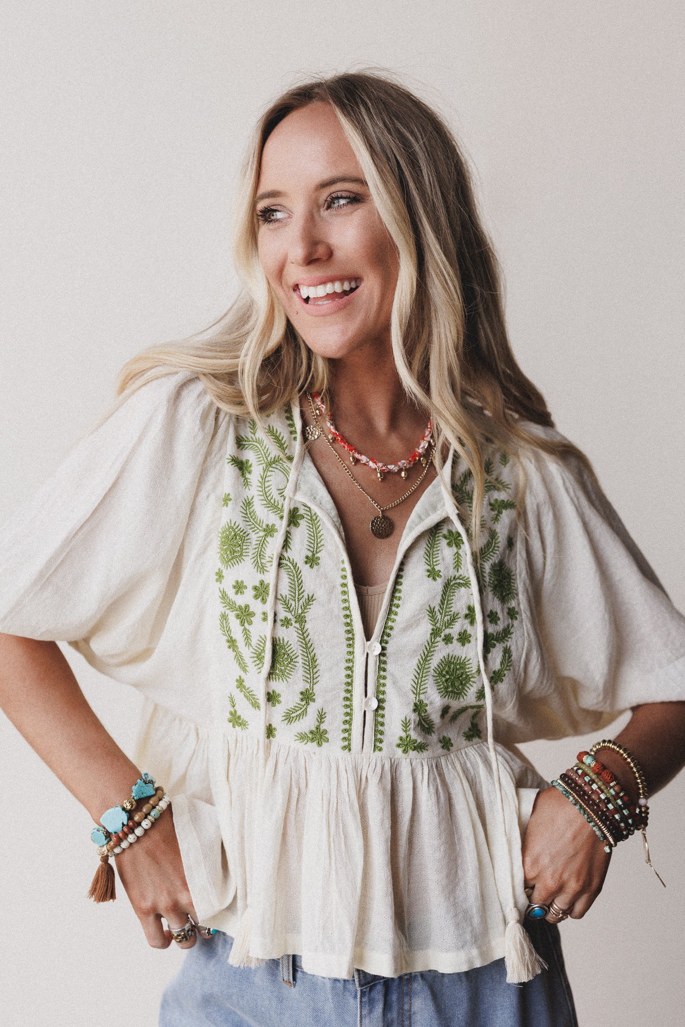 Louella Embroidered Peplum Top - Olive - Image 3