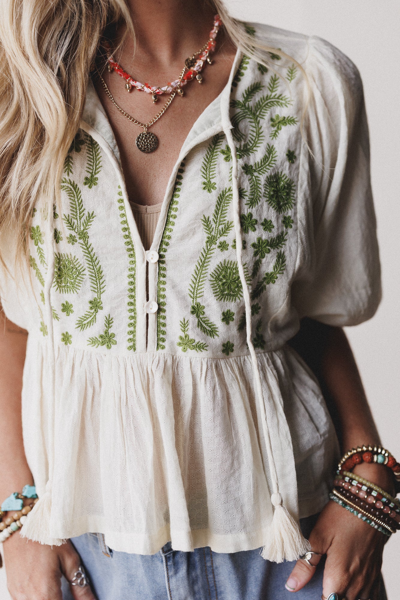 Louella Embroidered Peplum Top - Olive