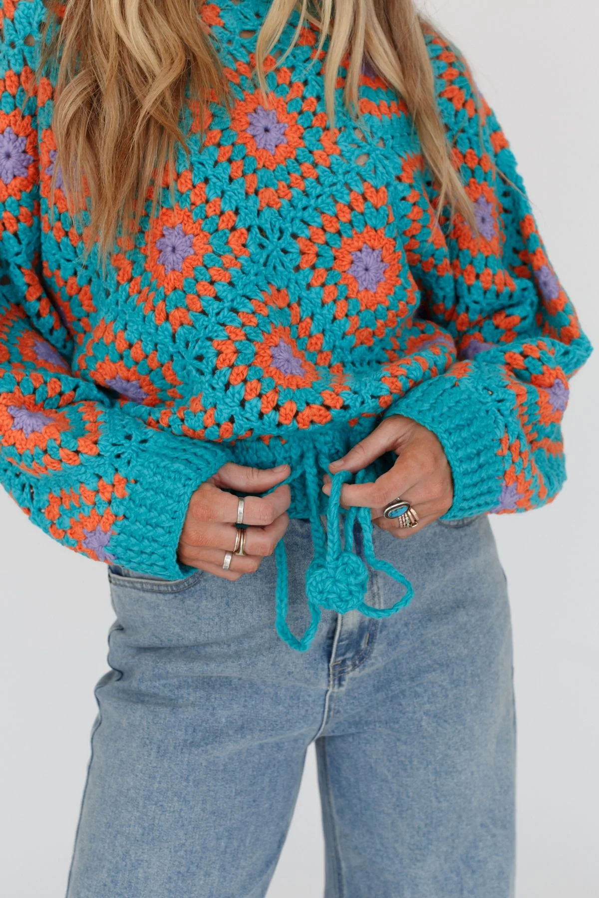 Made For Each Other Crochet Sweater - Teal Multi - Image 2