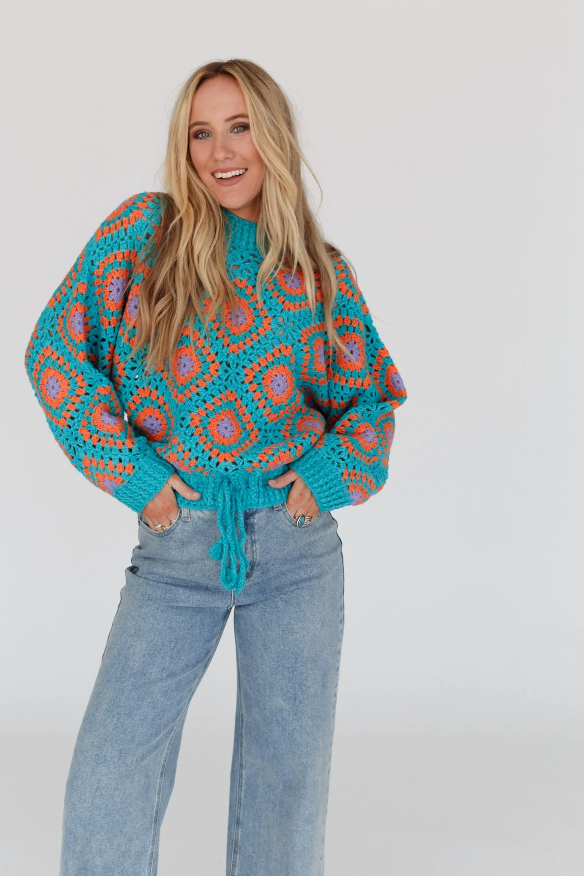 Made For Each Other Crochet Sweater - Teal Multi - Image 4
