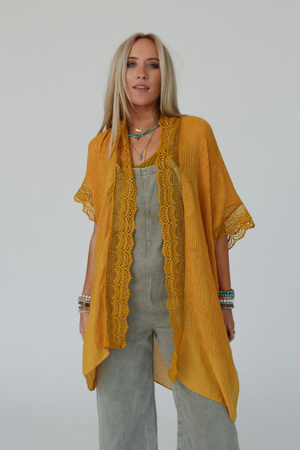 Marie Lace Trim Kimono - Mustard - Image 5
