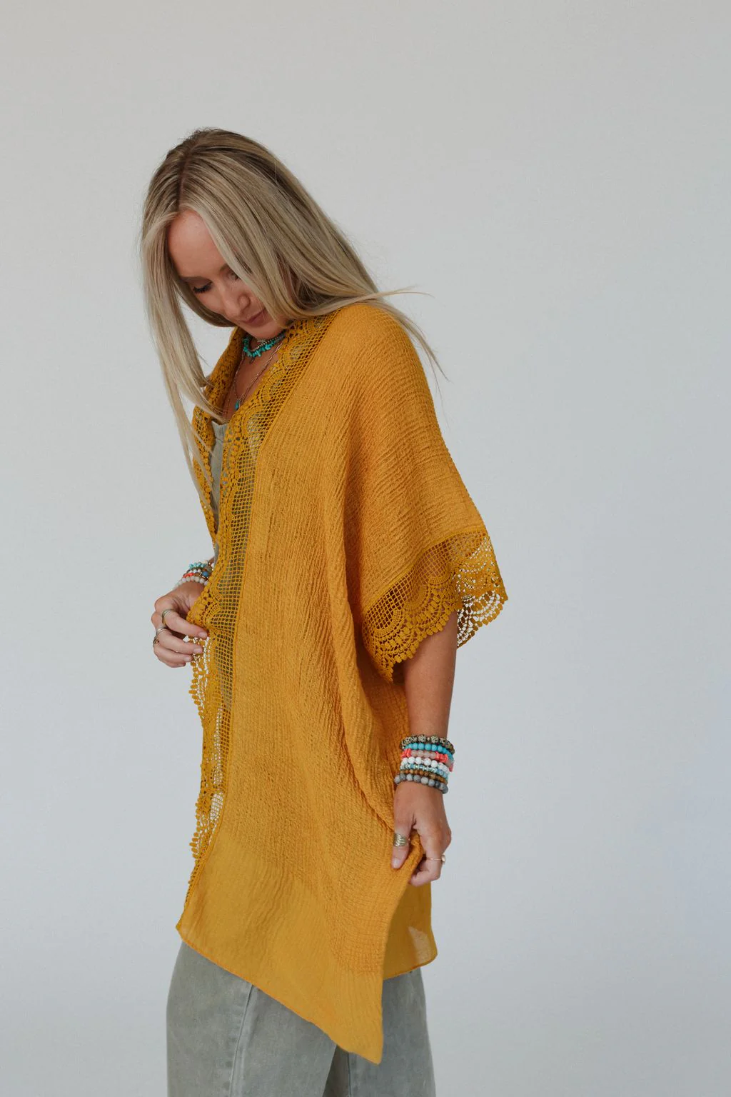 Marie Lace Trim Kimono - Mustard - Image 6