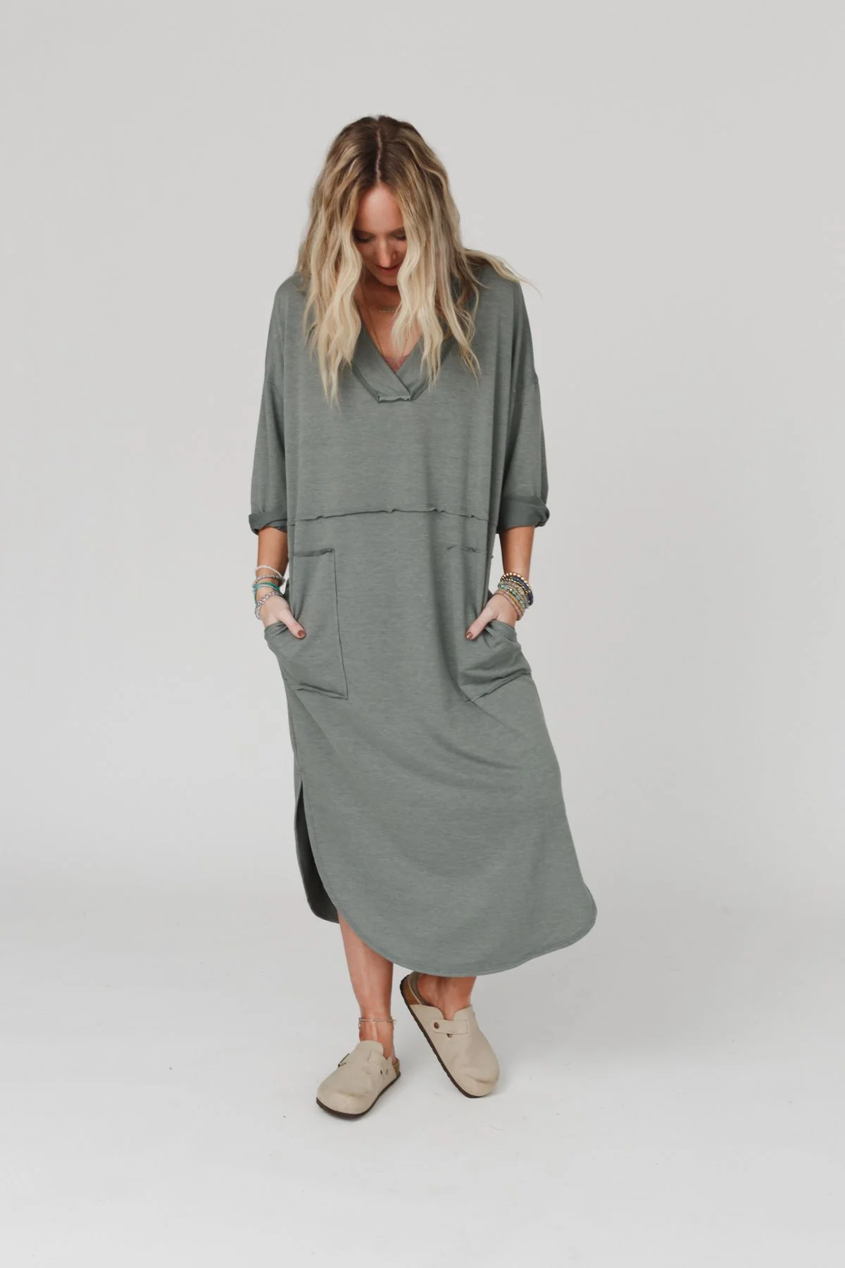 The Nest Meadow Long Sleeve Slit Maxi Dress - Light Olive - Image 2