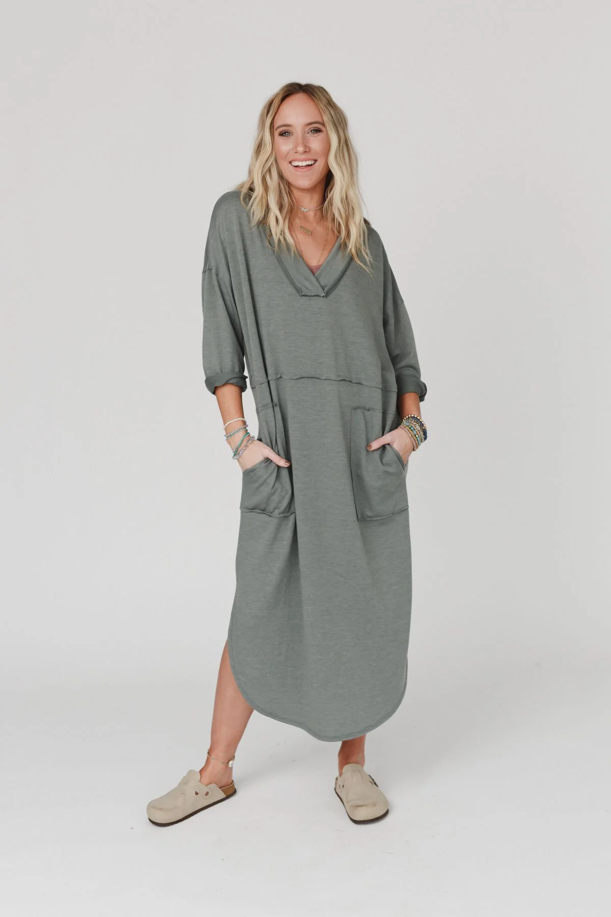 The Nest Meadow Long Sleeve Slit Maxi Dress - Light Olive - Image 3