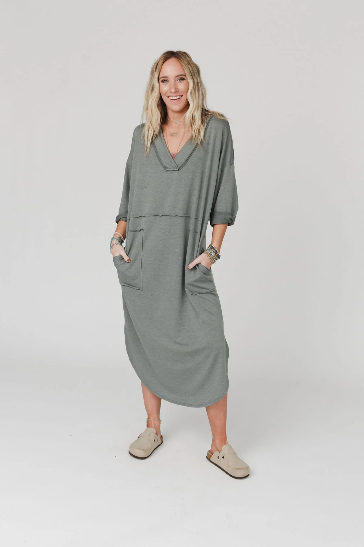 The Nest Meadow Long Sleeve Slit Maxi Dress - Light Olive - Image 4