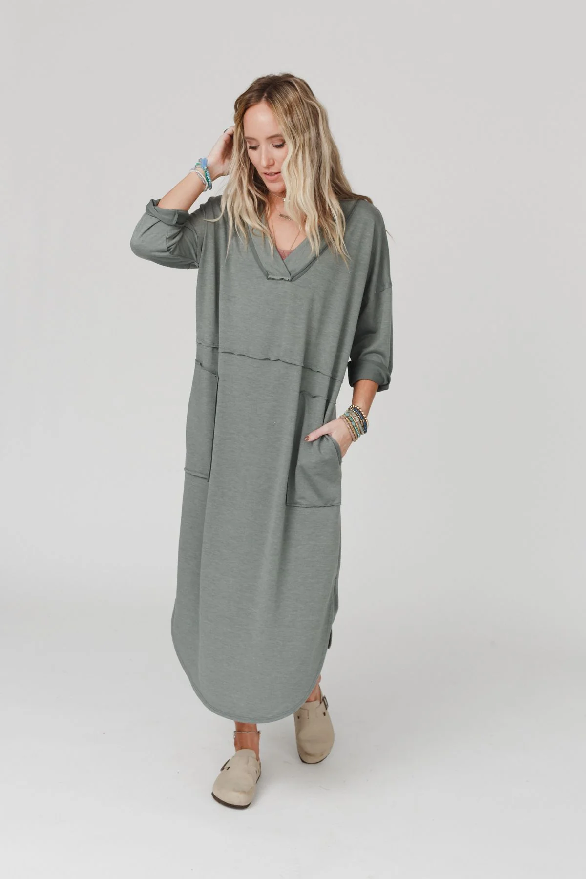The Nest Meadow Long Sleeve Slit Maxi Dress - Light Olive - Image 7