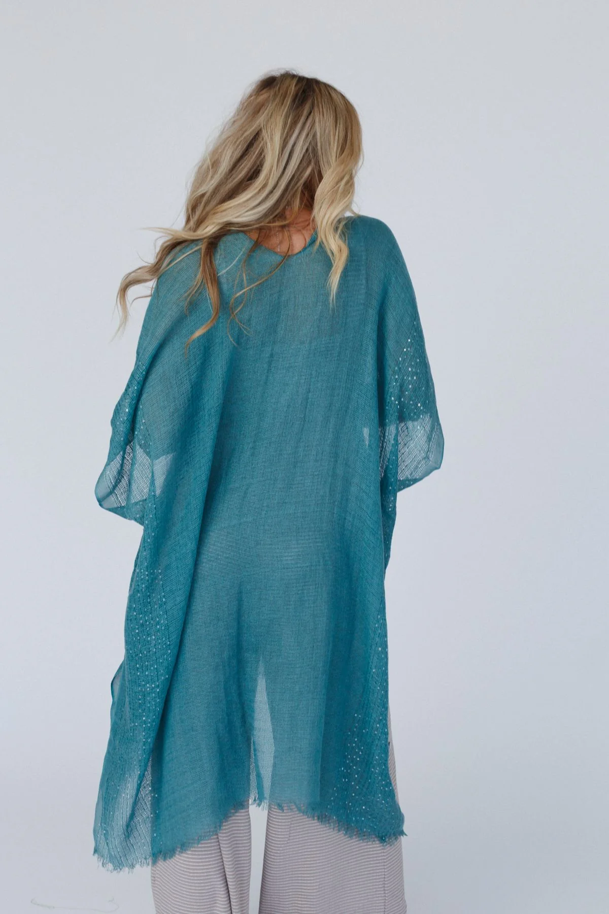 Mikka Sequin Frayed Trim Kimono - Teal - Image 5