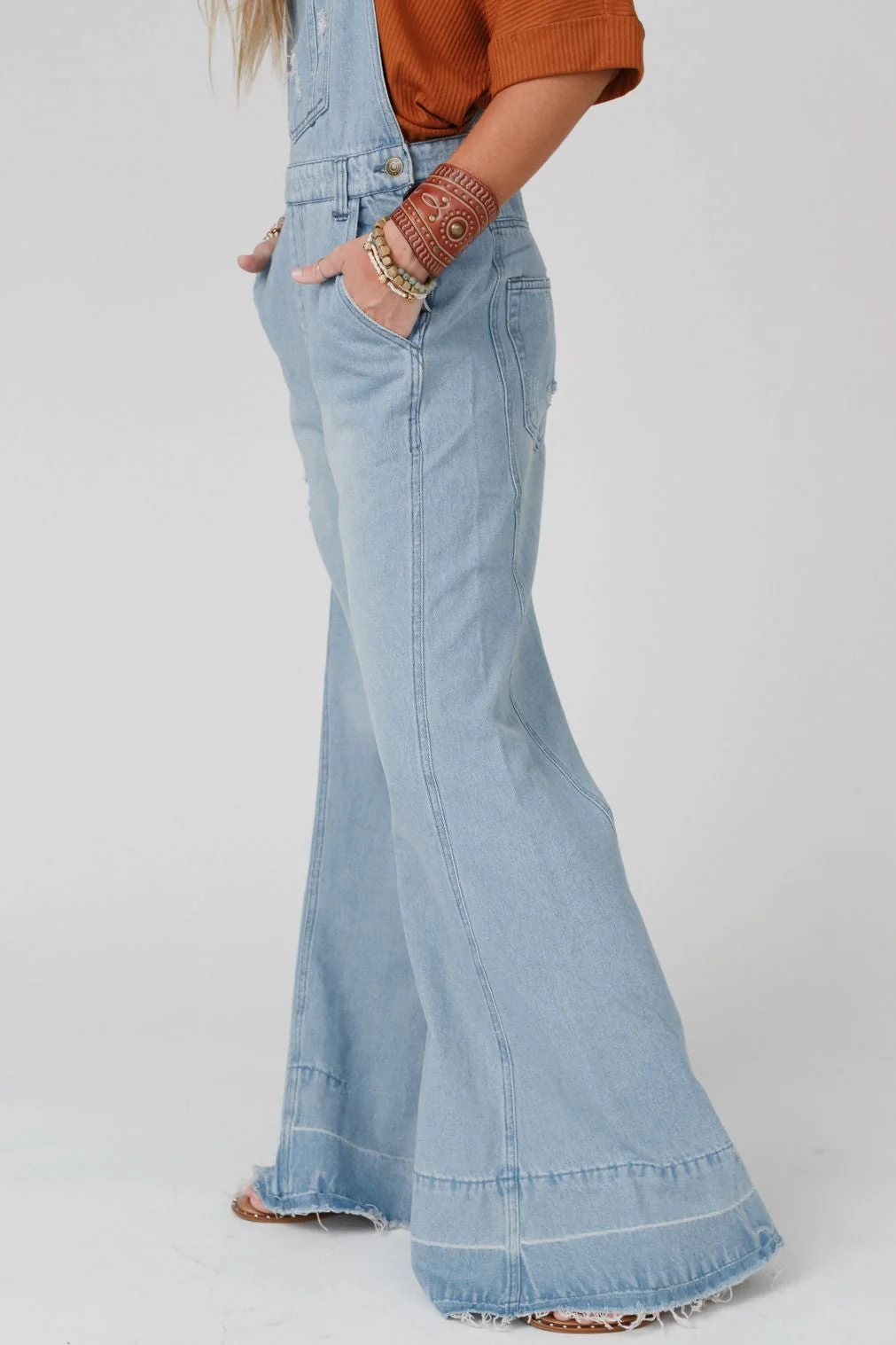 Milly Distressed Hem Wide Leg Overall - Denim - Image 5