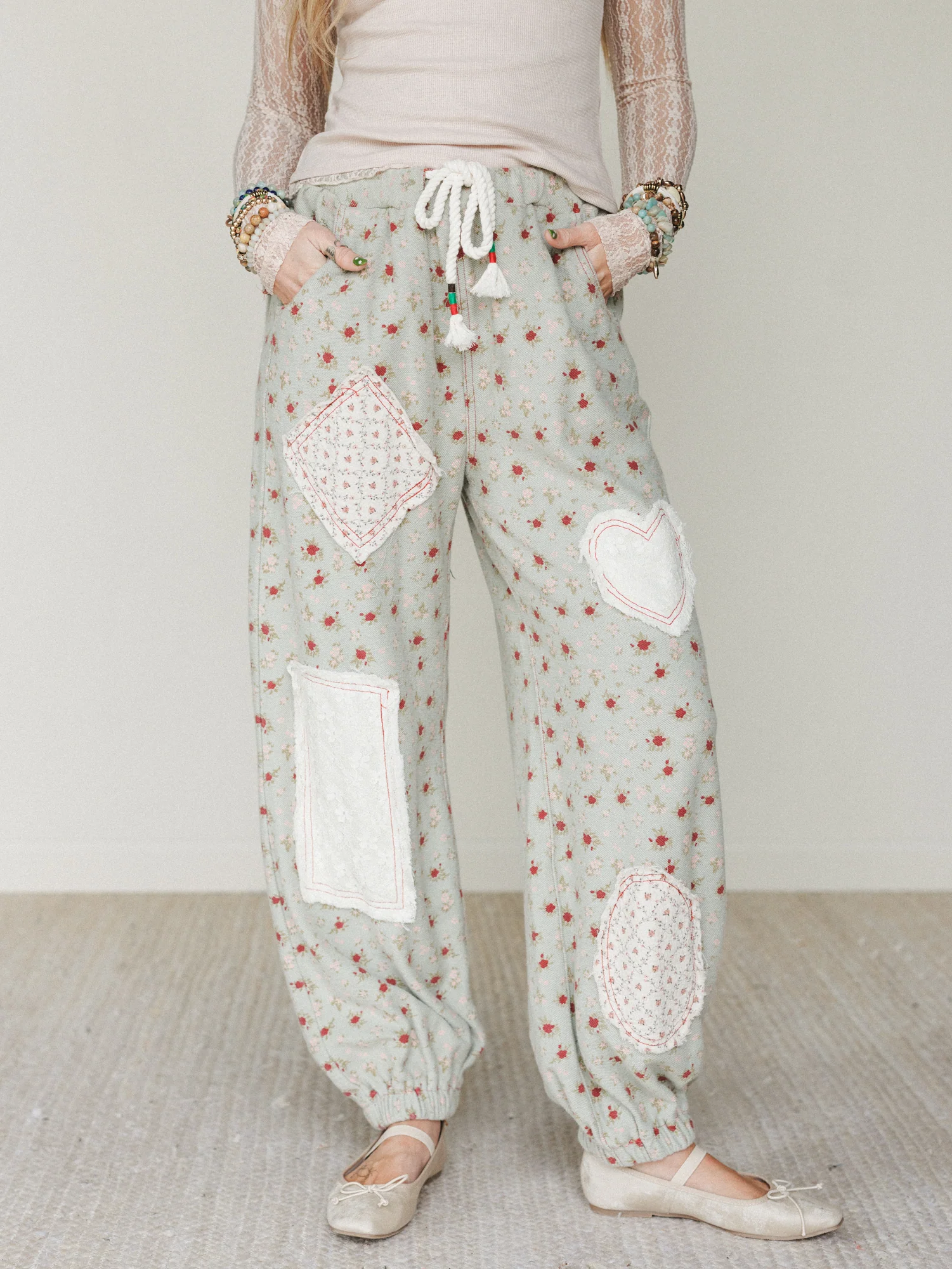 Nora Patchwork Floral Pants - Olive - Pre Order