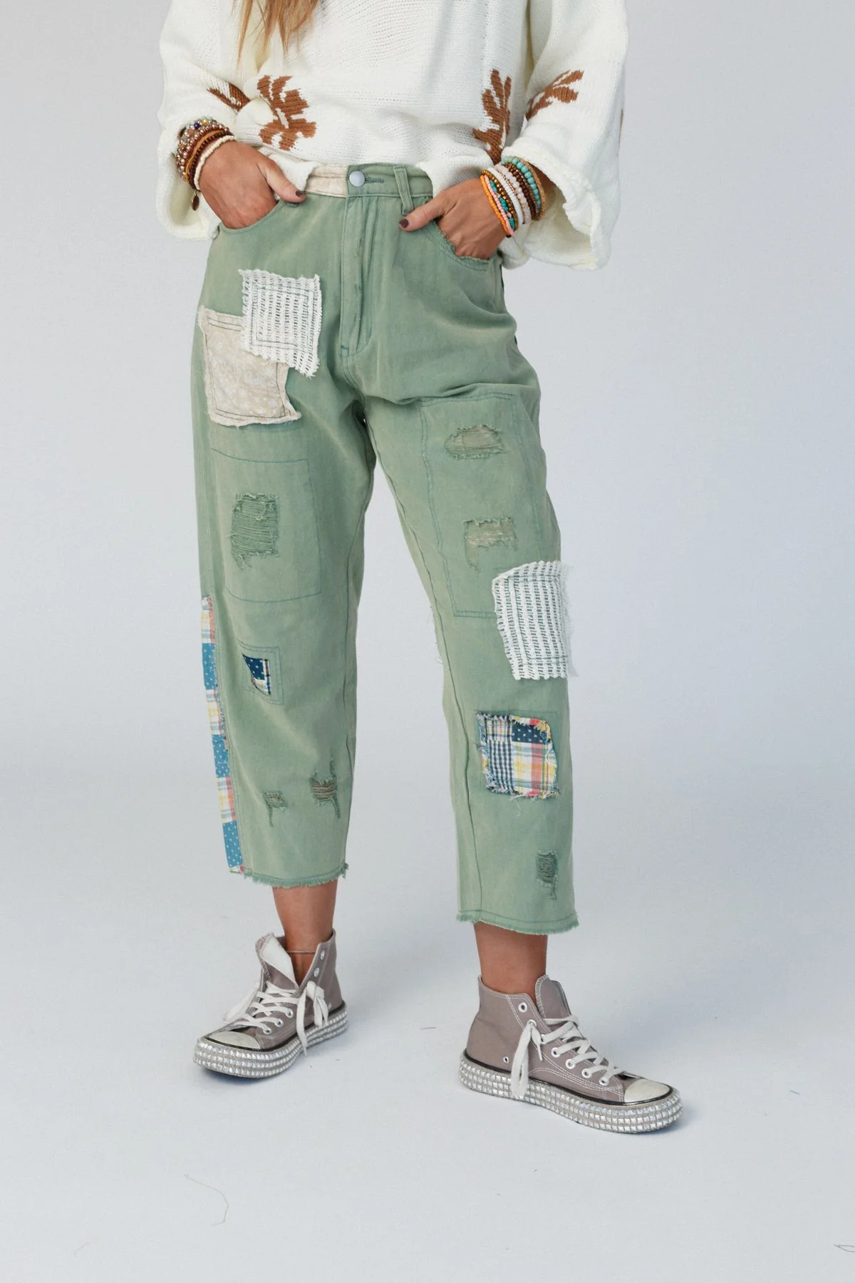 Offshore Patchwork Detail Pants - Light Green - Image 7