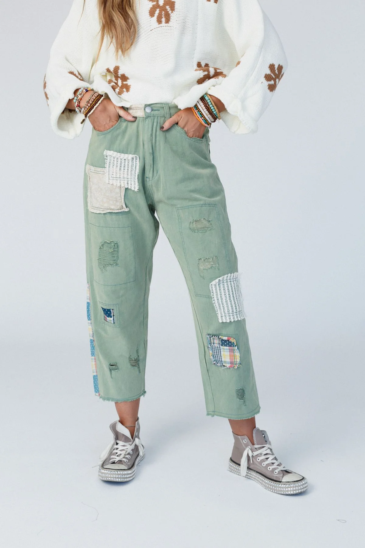 Offshore Patchwork Detail Pants - Light Green - Image 8