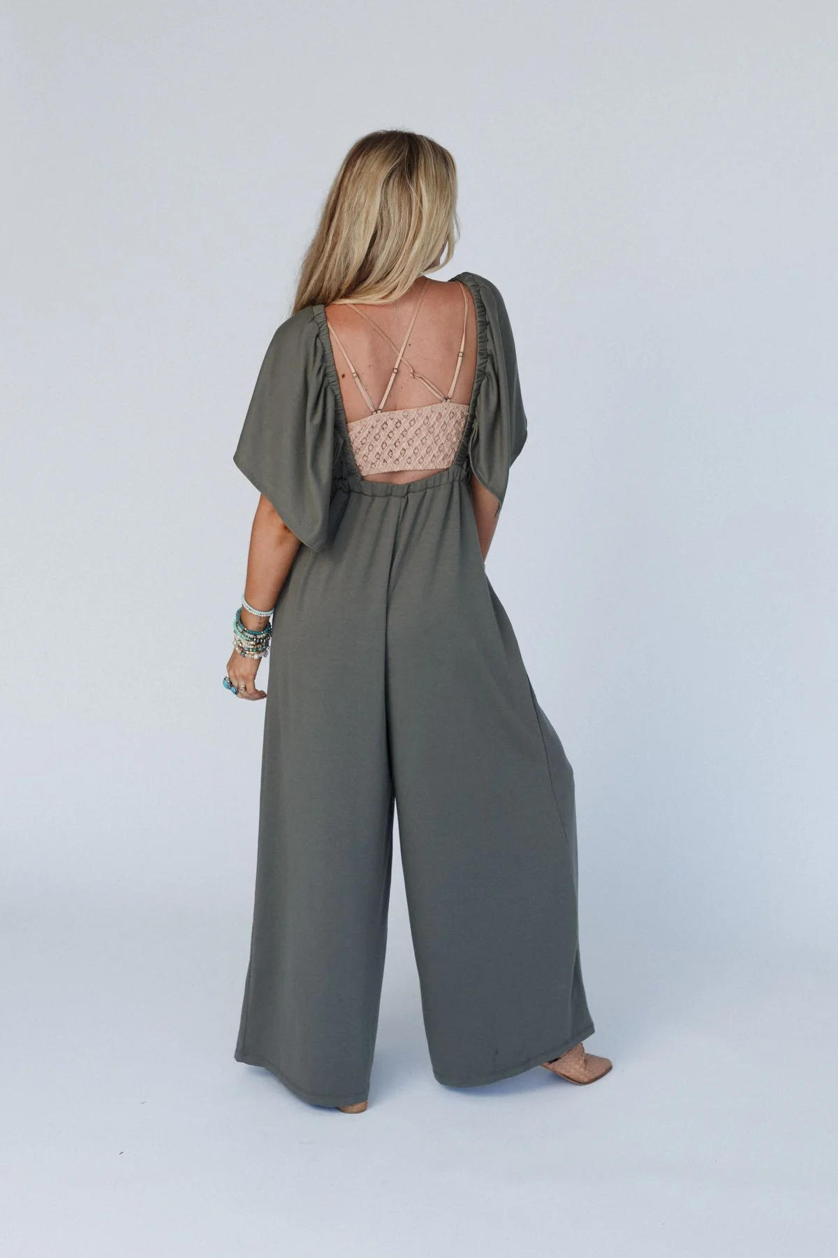 The Nest On Repeat Open Back Ruffle Jumpsuit - Light Olive - Image 4