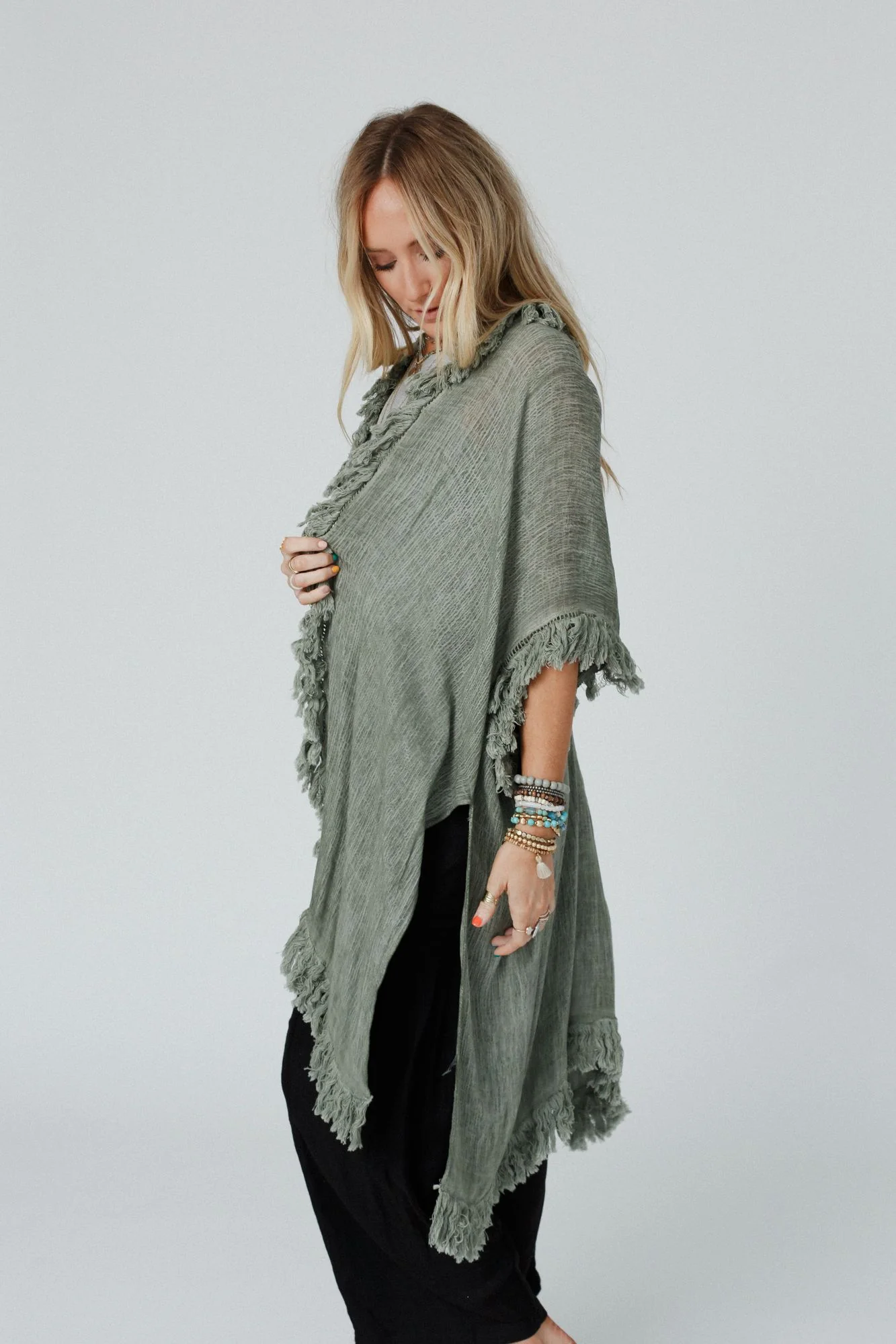 On The Edge Fringe Kimono - Olive - Image 4