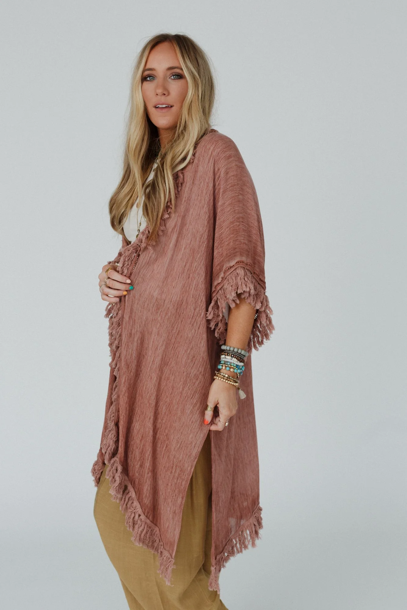 On The Edge Fringe Kimono - Rose Clay - Image 3
