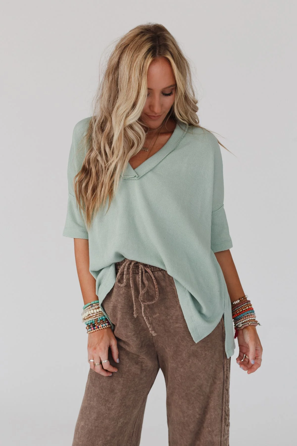 The Nest On The Go V Neck Ribbed Essential Tee - Sage - Image 3