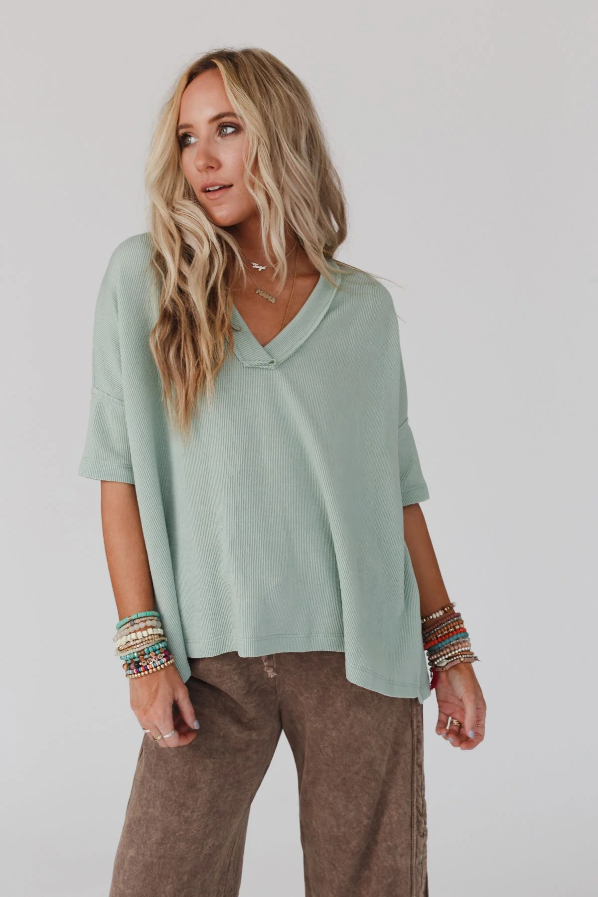 The Nest On The Go V Neck Ribbed Essential Tee - Sage - Image 4
