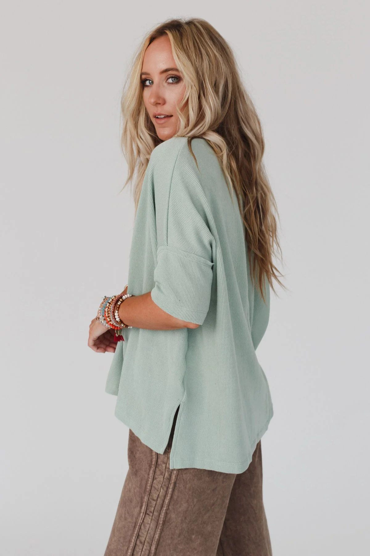 The Nest On The Go V Neck Ribbed Essential Tee - Sage - Image 5