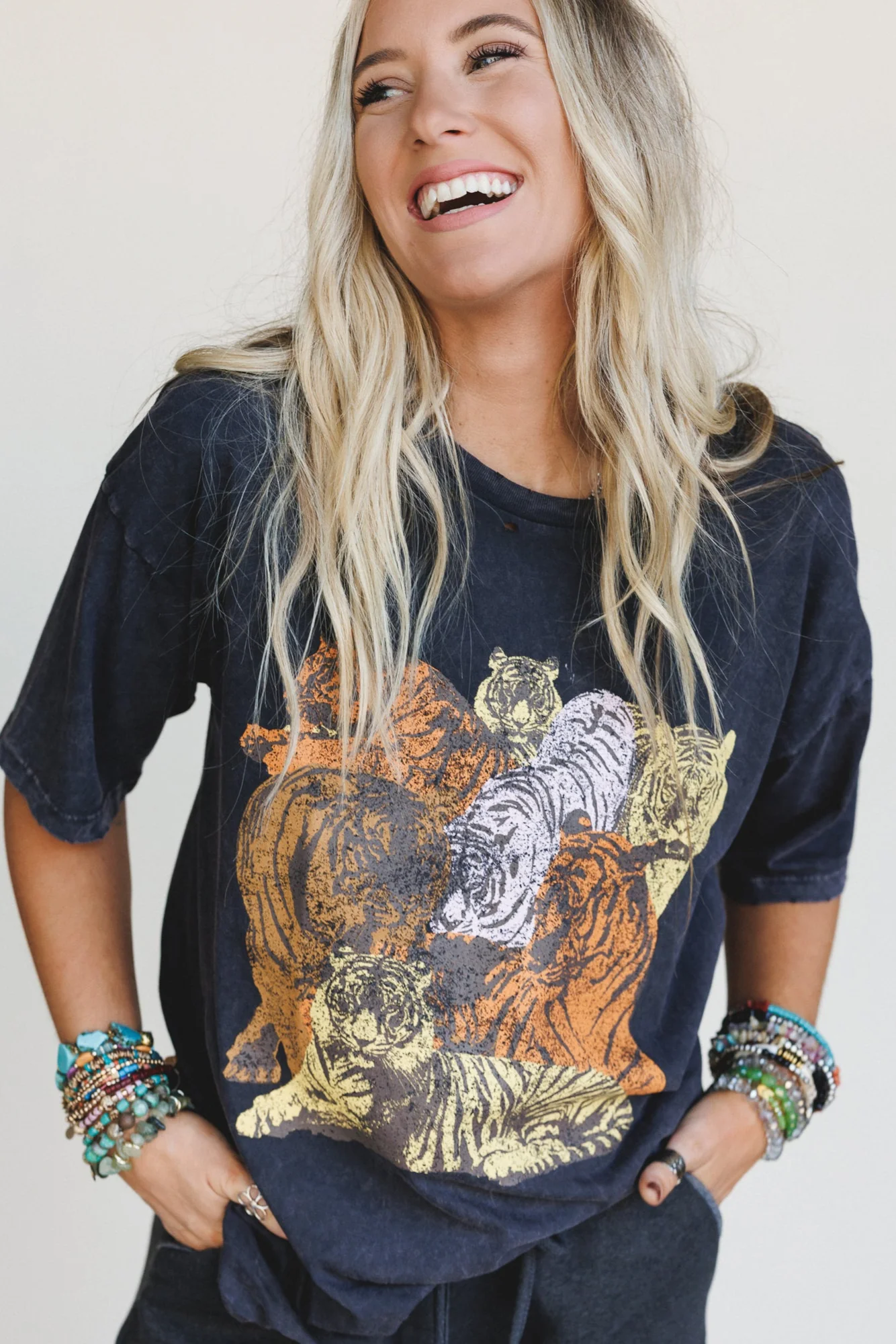 On The Prowl Distressed Graphic Tee - Charcoal - Pre Order