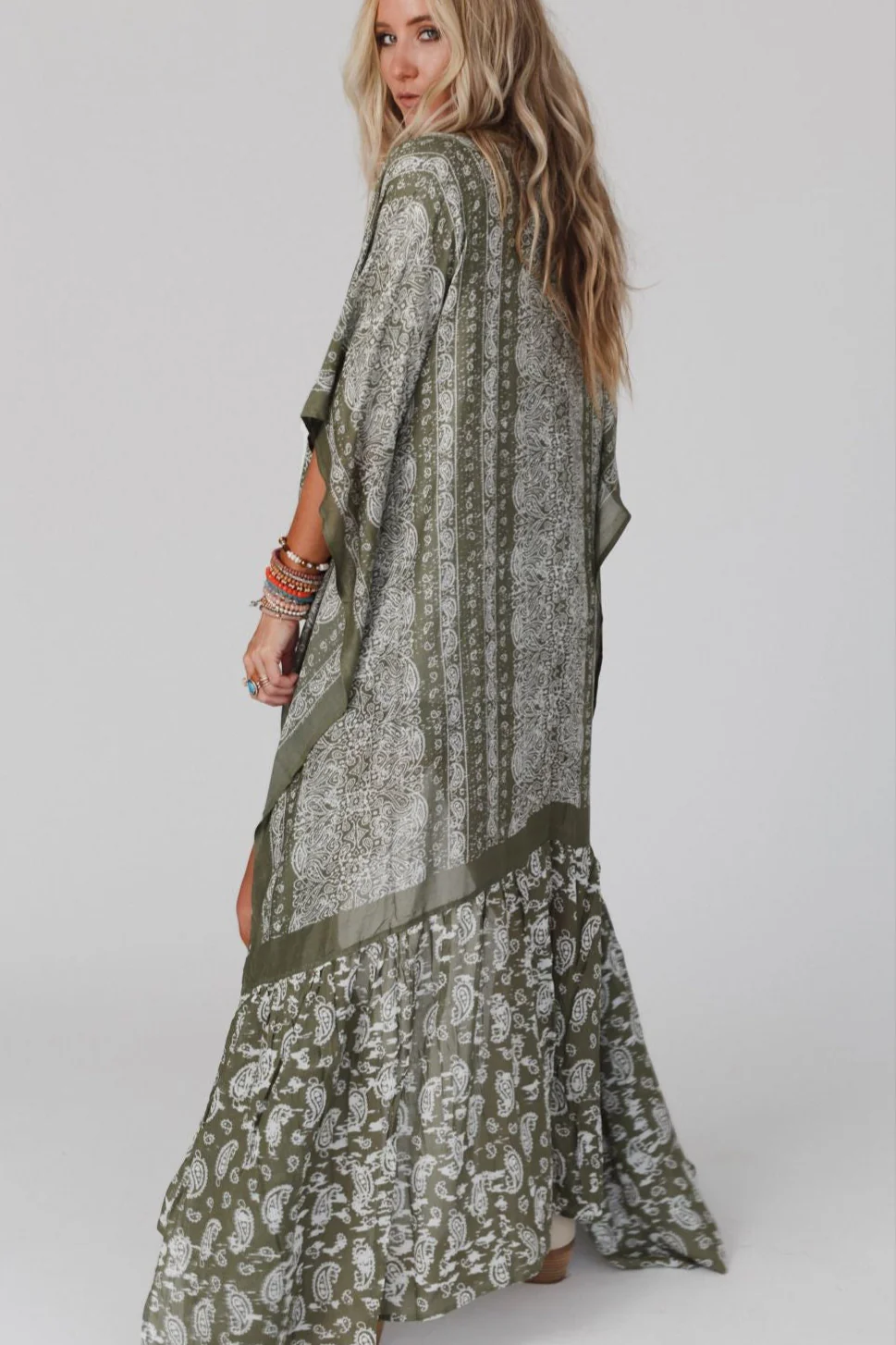 Paisley Tapestry Free Flow Duster Kimono - Olive - Image 3