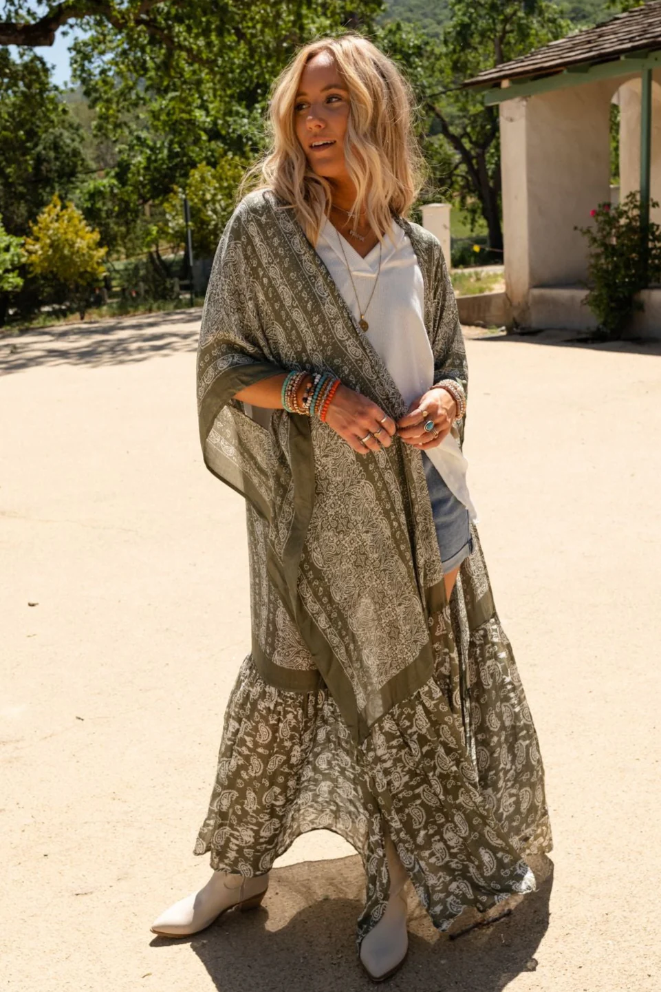 Paisley Tapestry Free Flow Duster Kimono - Olive - Image 9