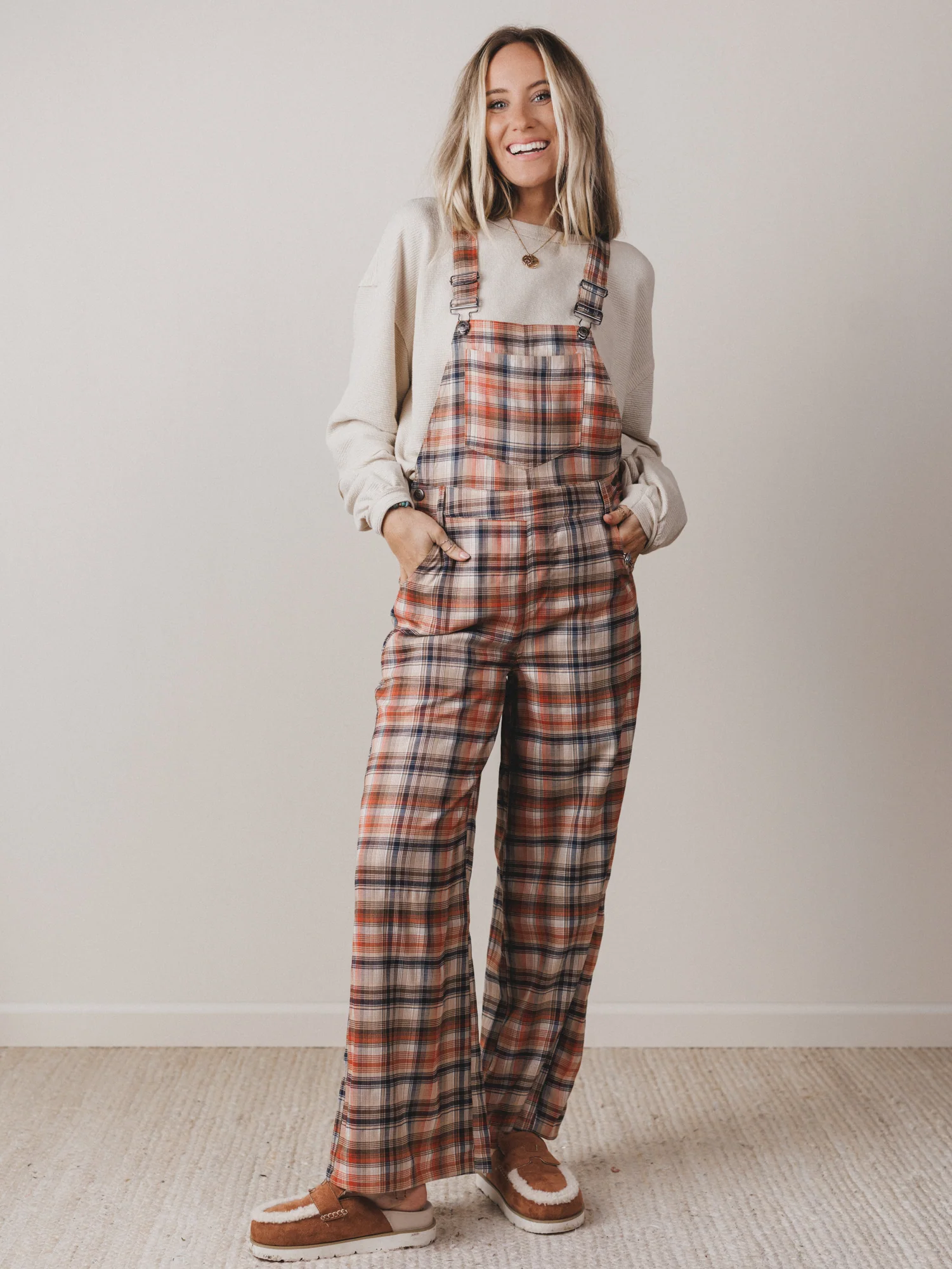 Perfectly Plaid Overalls - Latte - Image 2