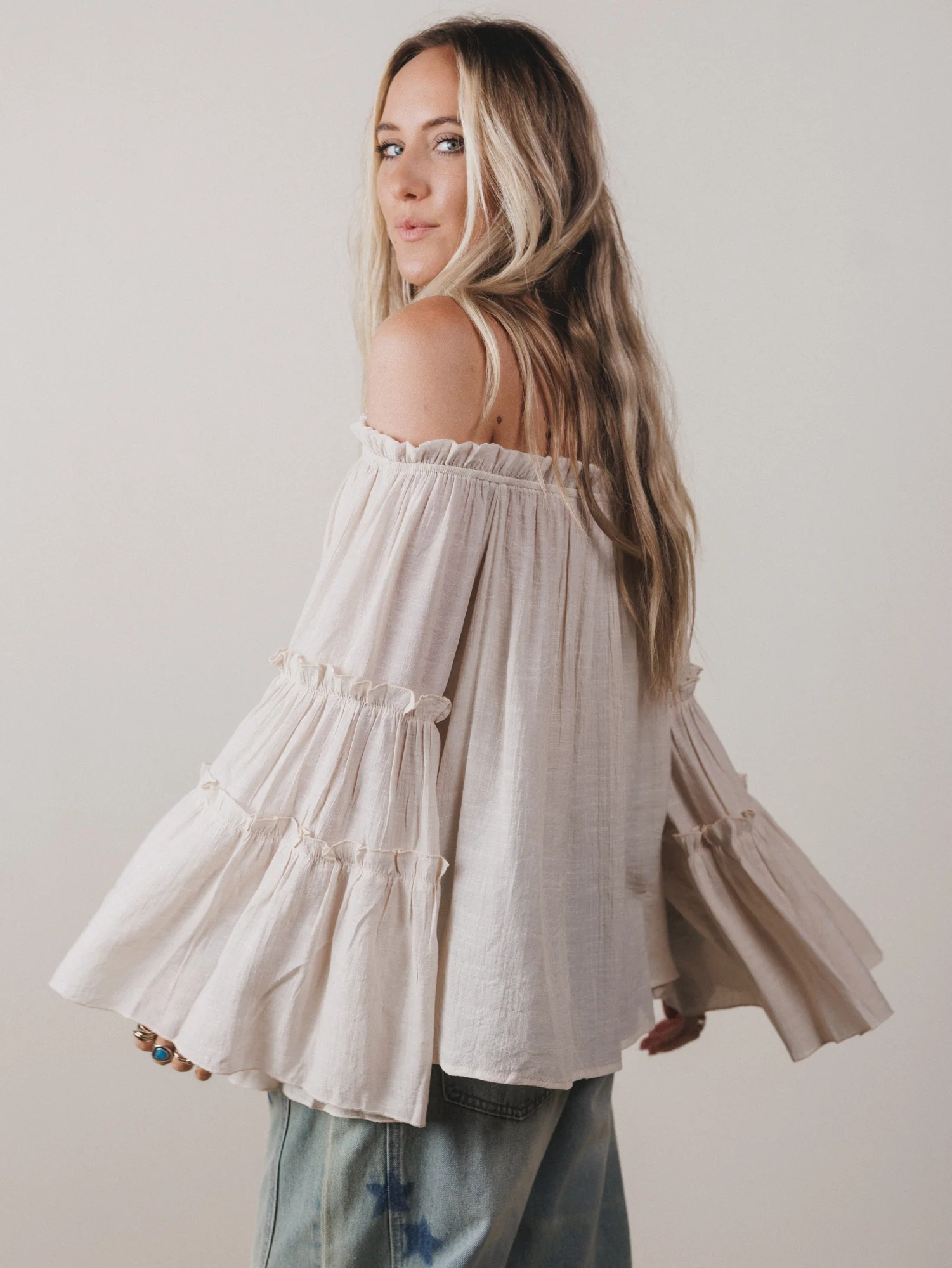 Petal Dancer Bell Sleeve Top - Beige - Image 2