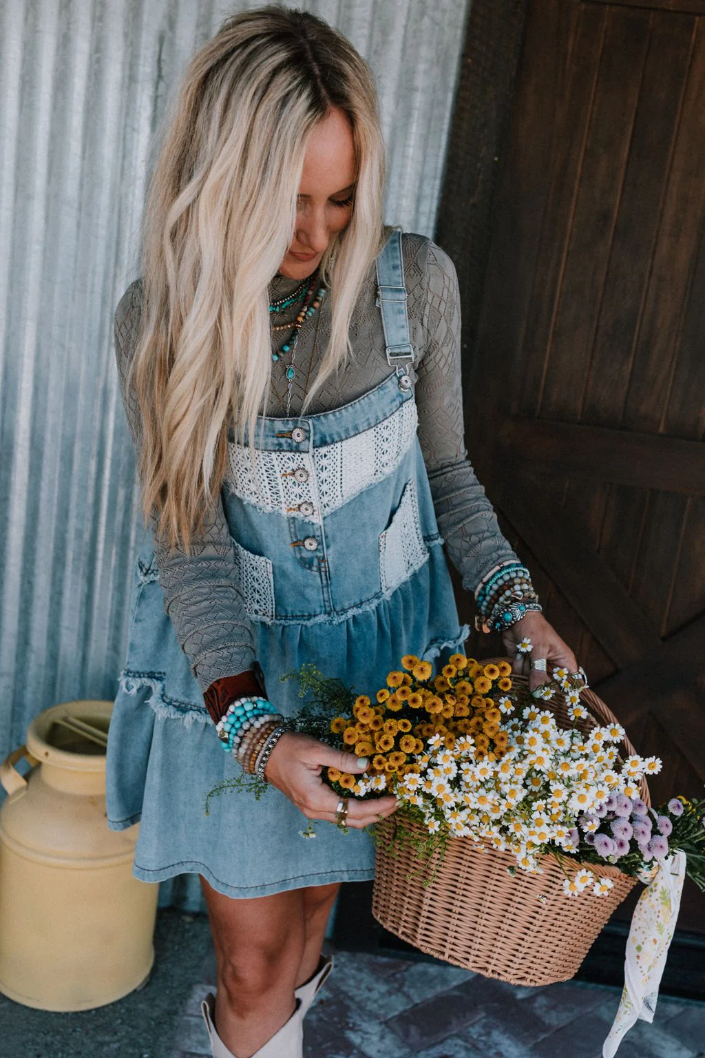 Petal Pockets Crochet Denim Dress - Denim - Image 8