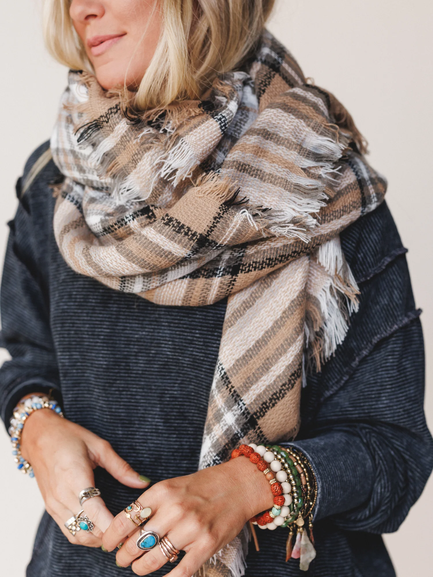Plaid Blanket Scarf - Beige