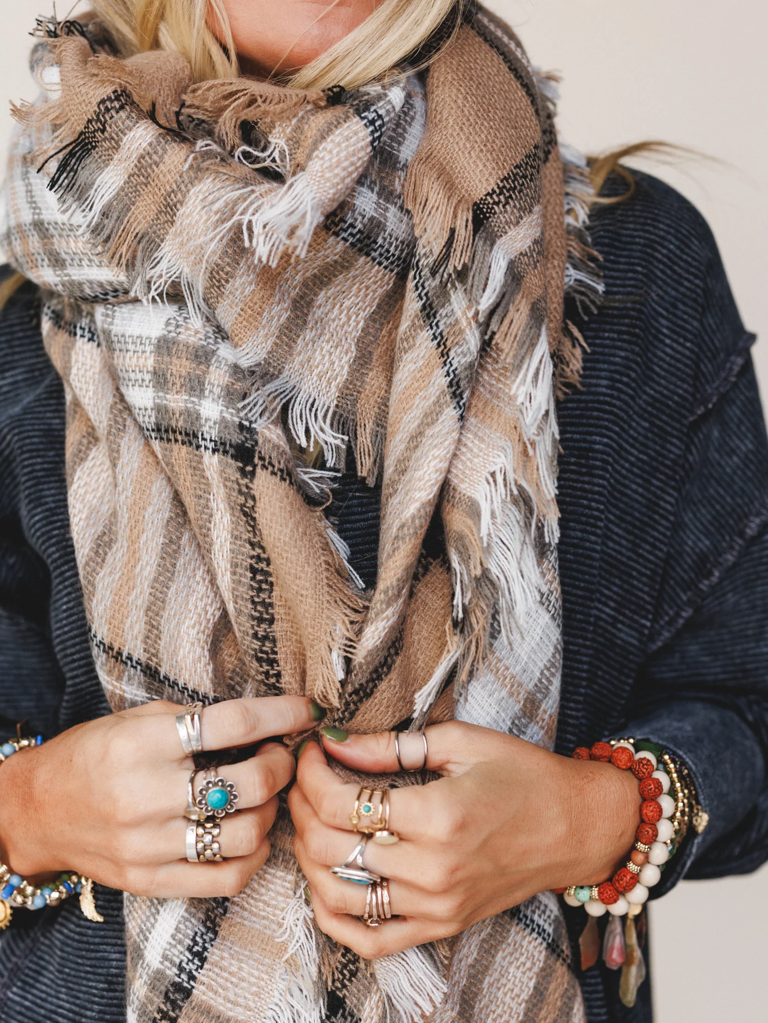 Plaid Blanket Scarf - Beige - Image 3