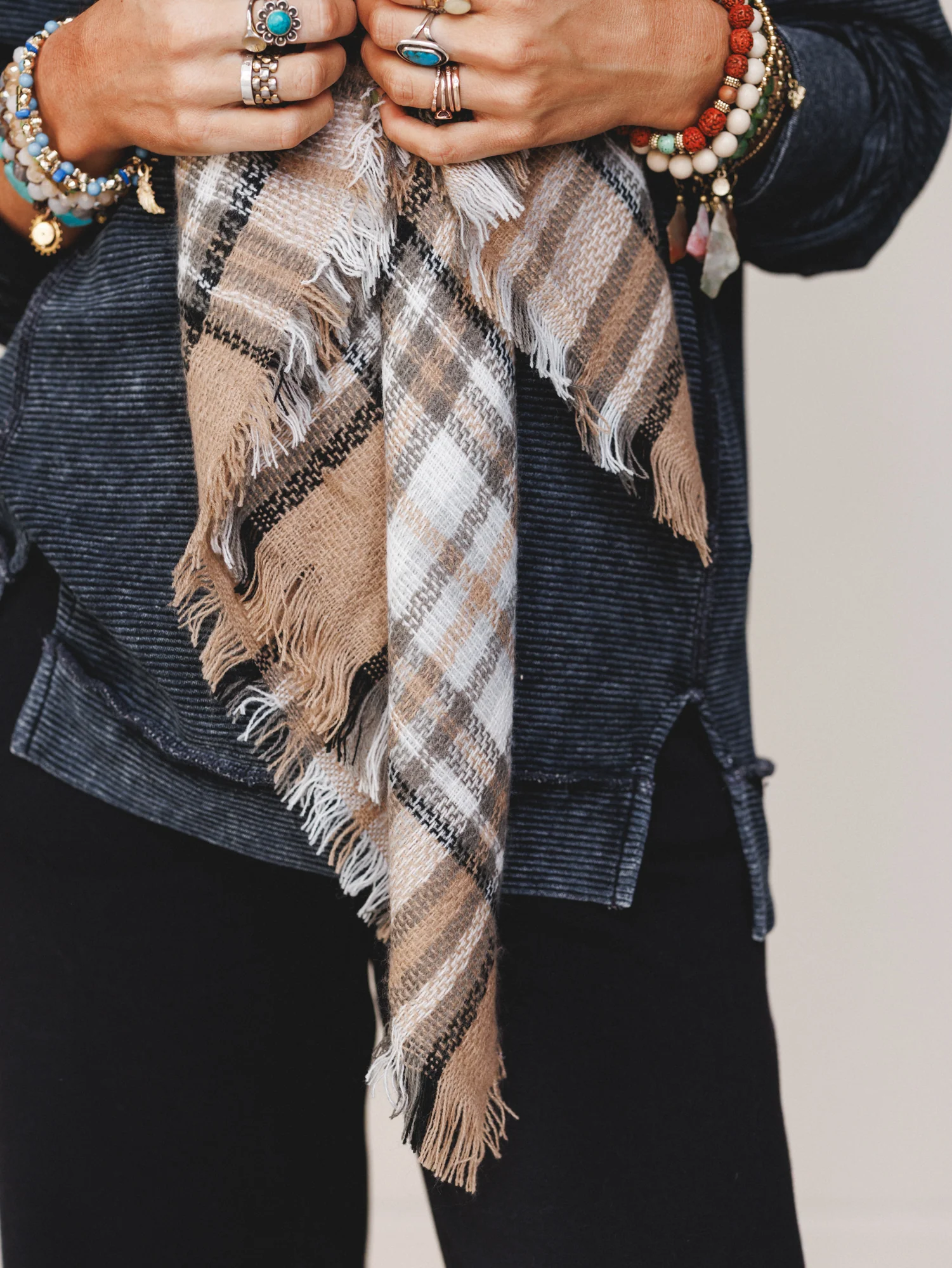 Plaid Blanket Scarf - Beige - Image 4