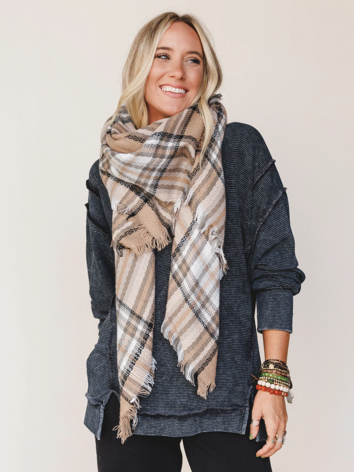 Plaid Blanket Scarf - Beige - Image 5