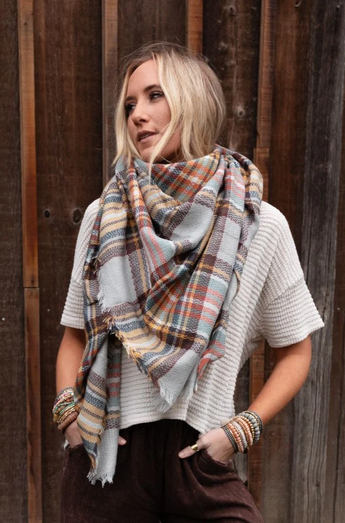 Plaid Blanket Scarf - Gray - Image 4