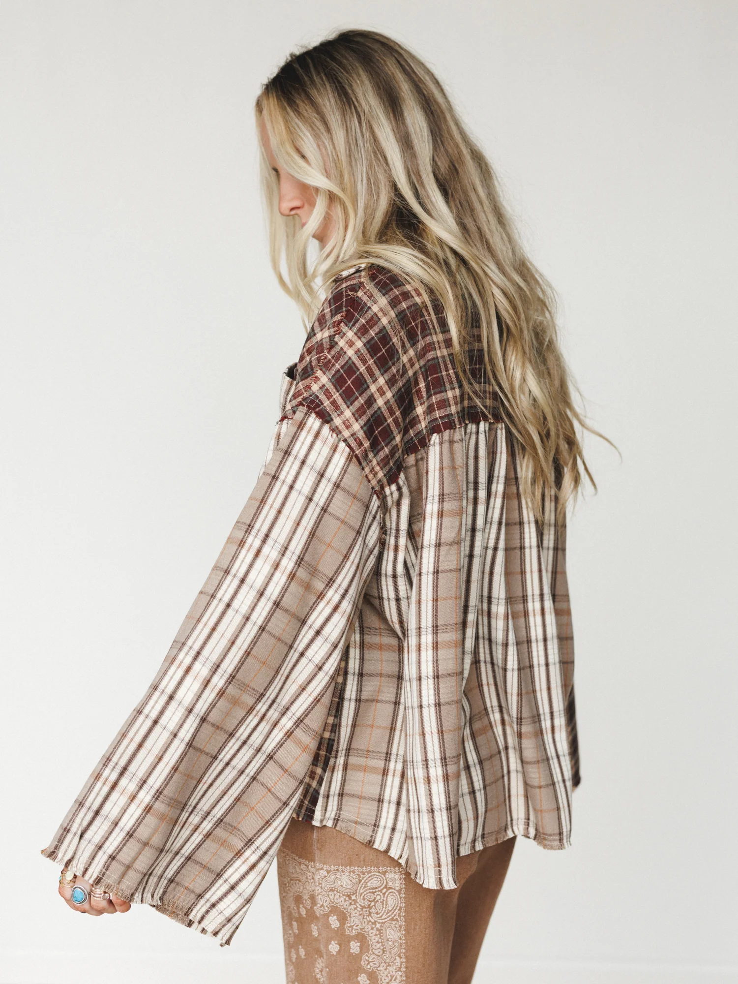 Plaid Flannel Bell Sleeve Top - Brown - Image 3