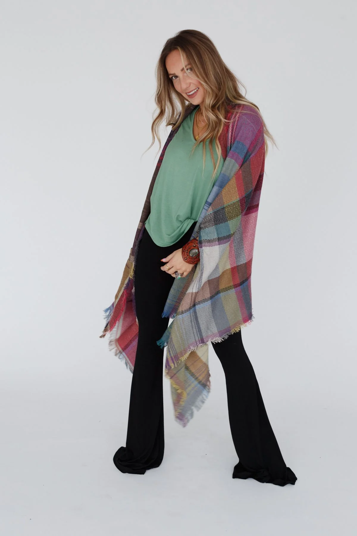 Cozy Plaid Pocket Ruana Wrap - Fuchsia - Image 10