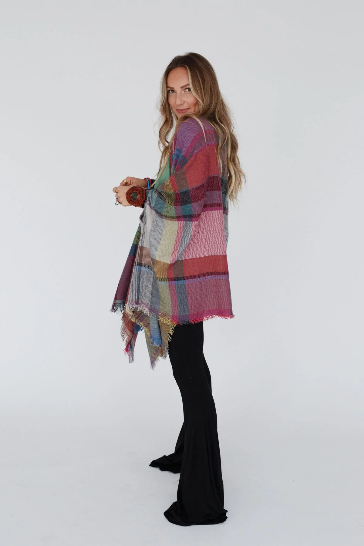 Cozy Plaid Pocket Ruana Wrap - Fuchsia - Image 3