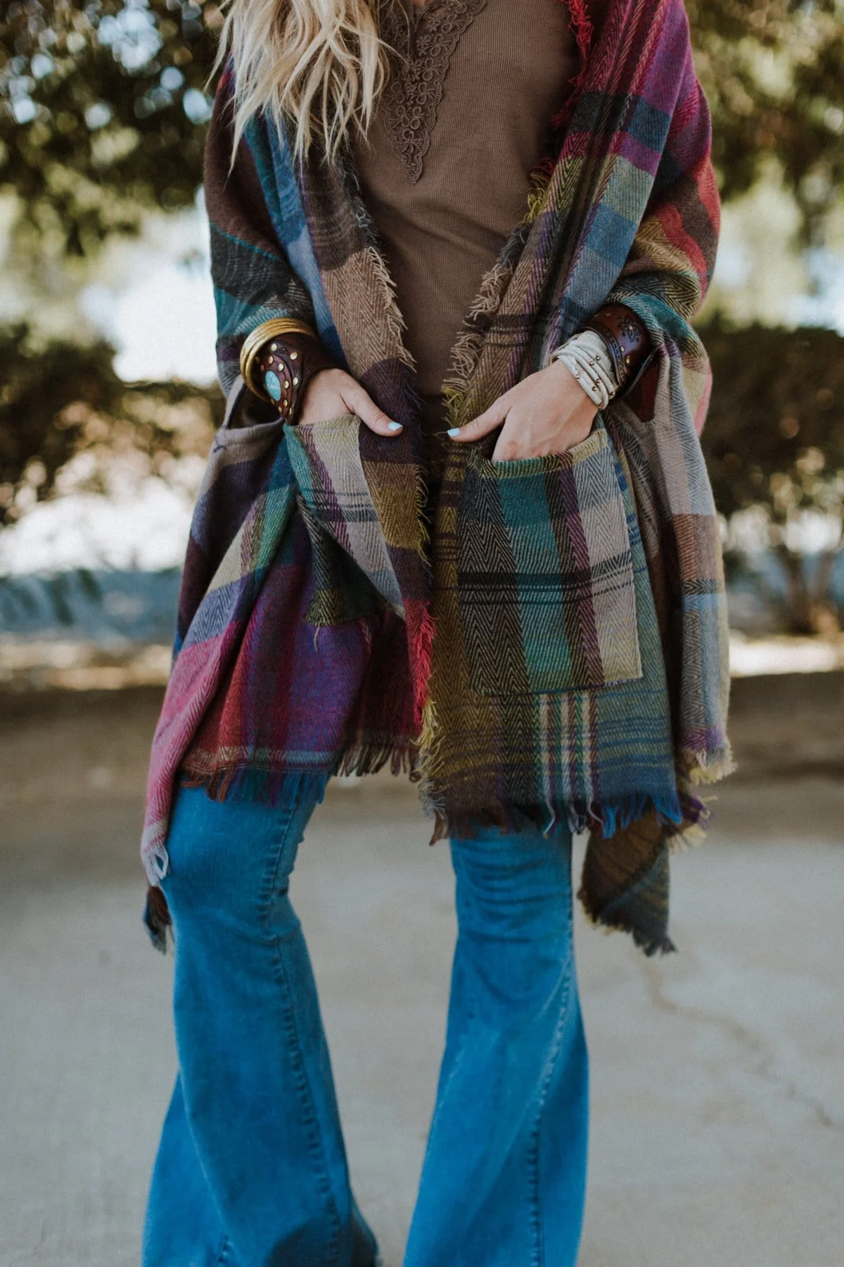 Cozy Plaid Pocket Ruana Wrap - Fuchsia - Image 8
