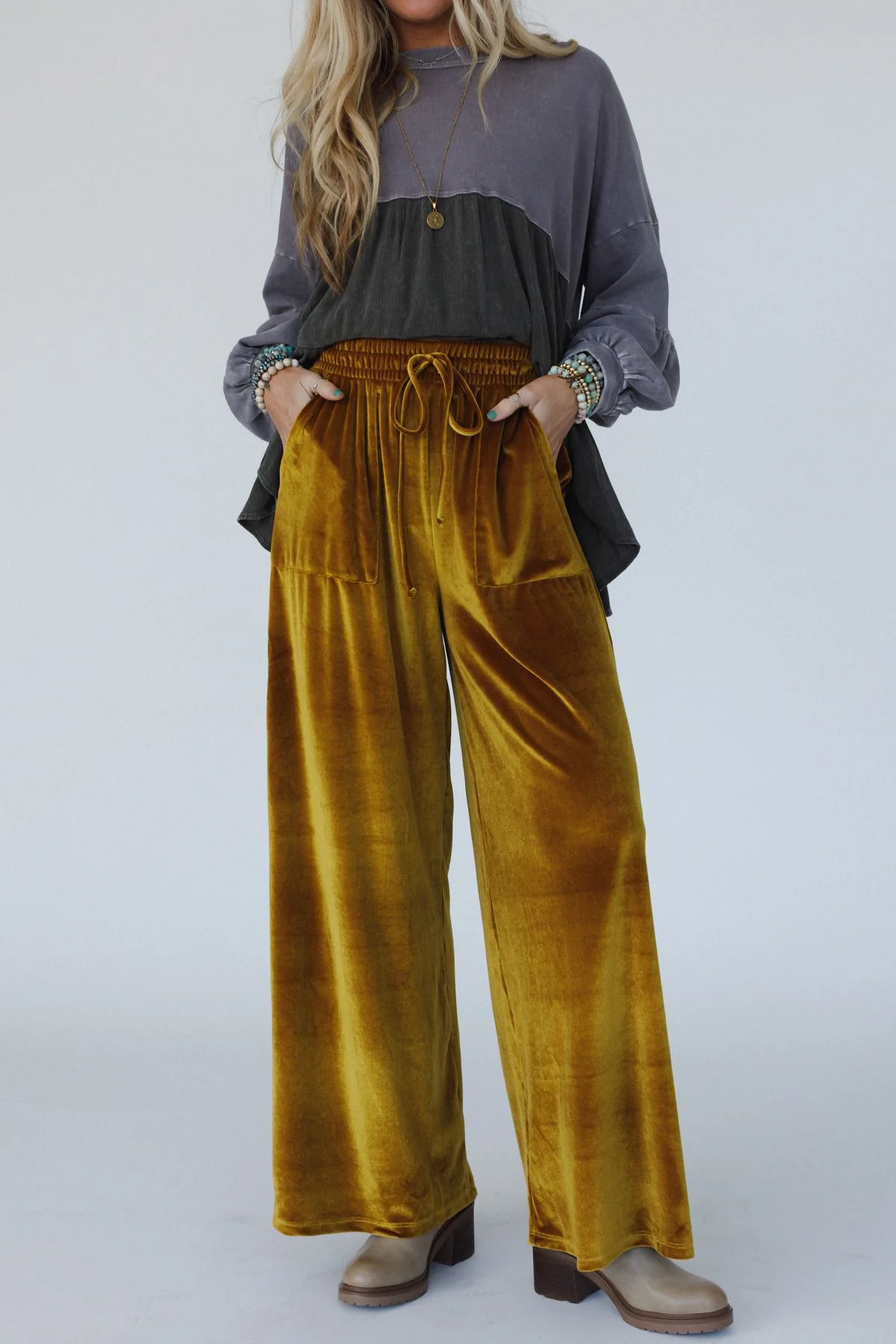 The Nest Relaxing Robin Velvet Wide Leg Pant - Marigold - Image 5