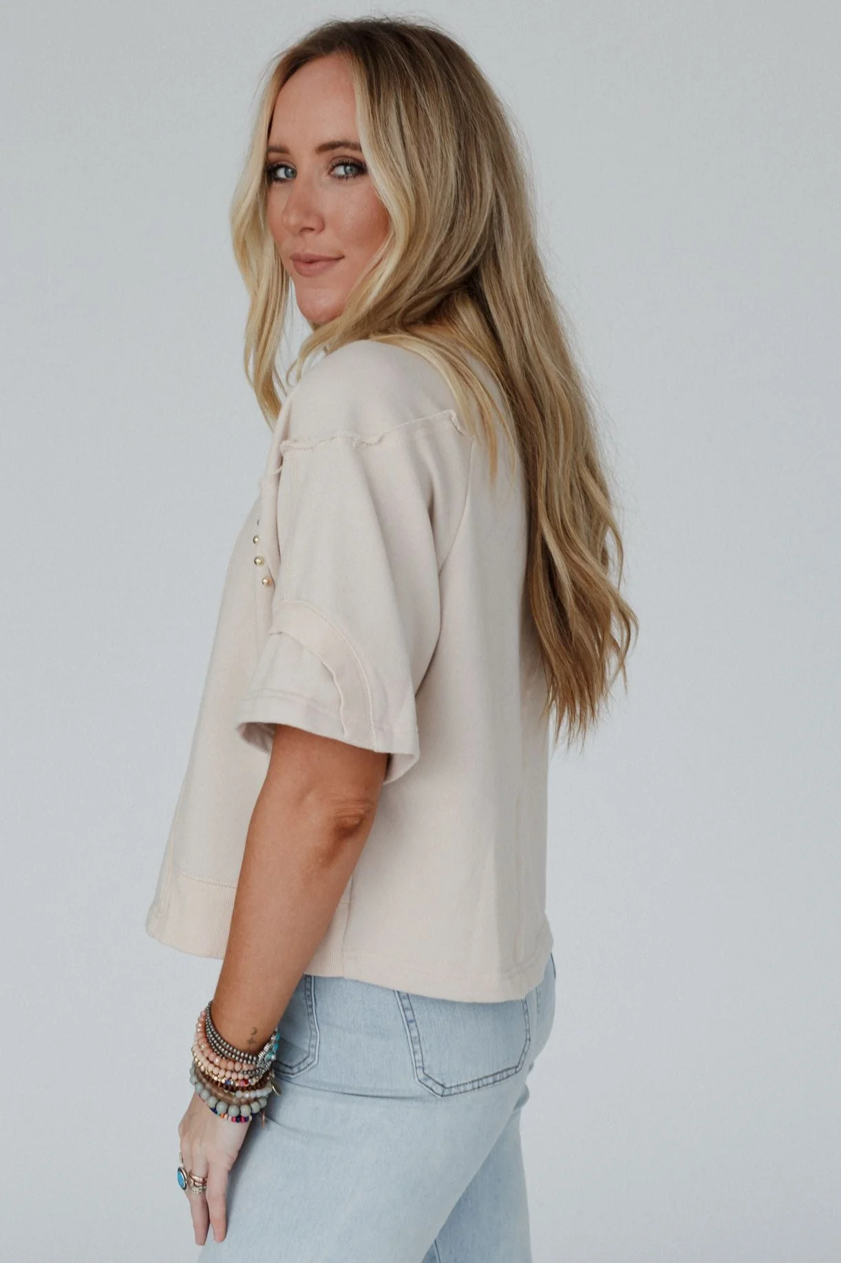 Retro Rivet Top - Beige - Image 3