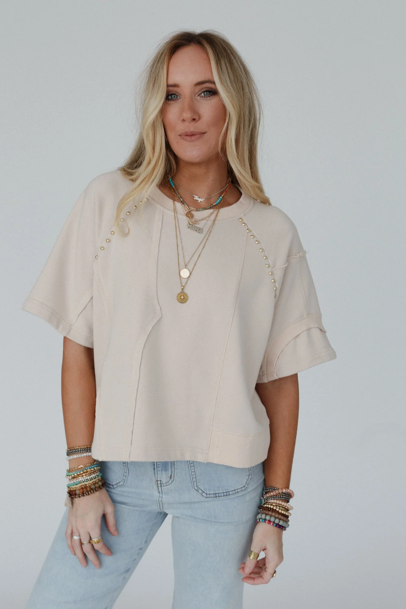 Retro Rivet Top - Beige - Image 5