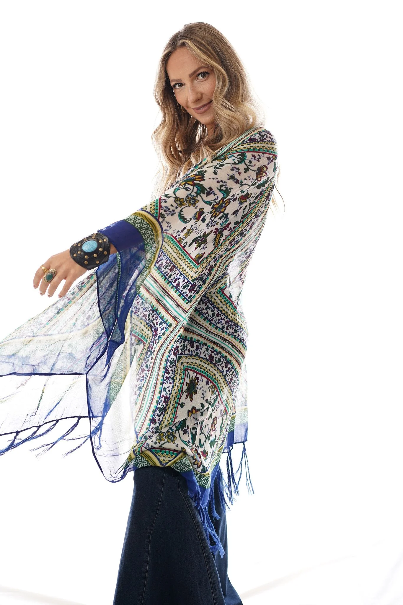 Riviera Border Print Kimono - Blue - Image 5