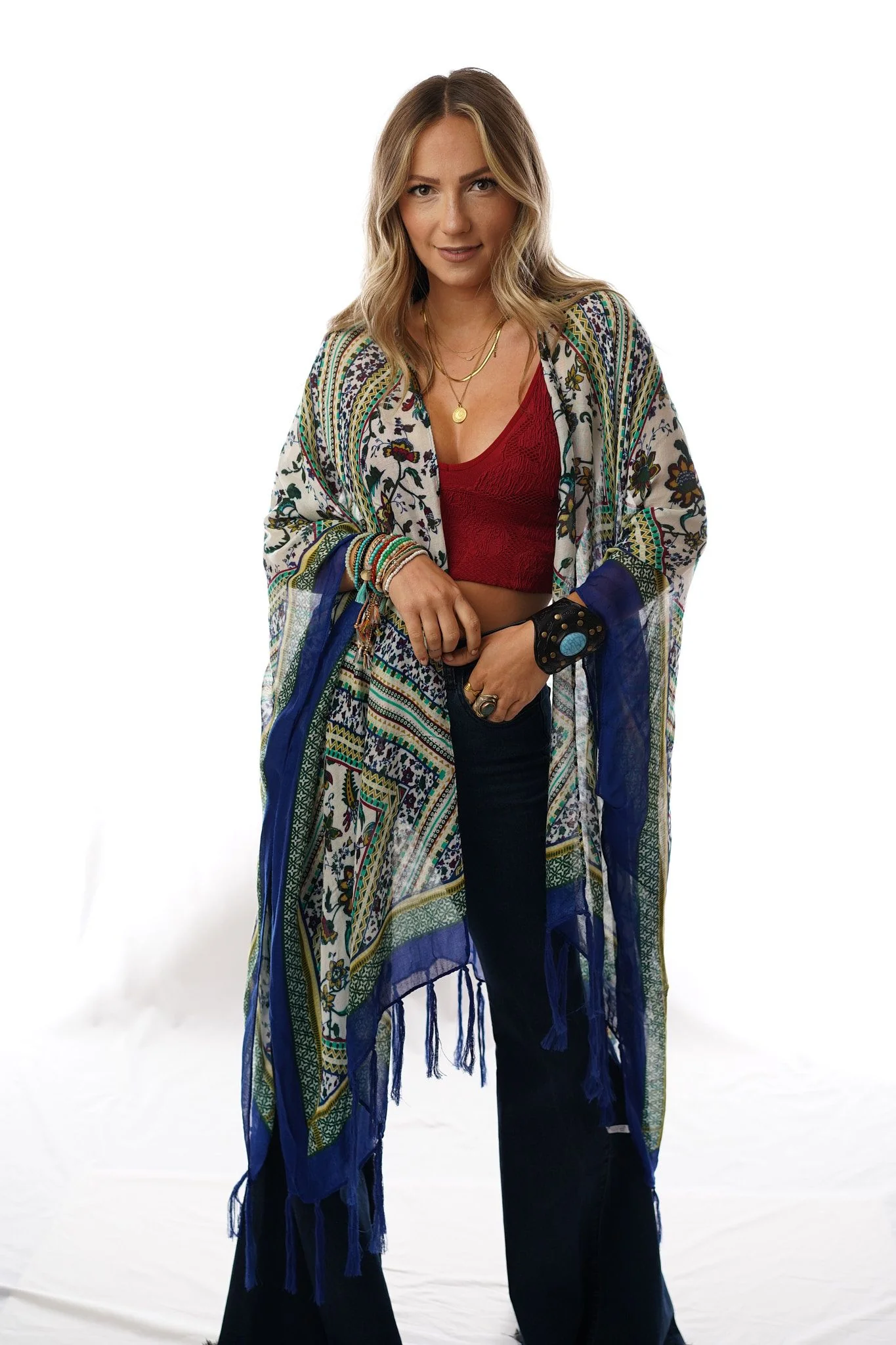 Riviera Border Print Kimono - Blue - Image 6
