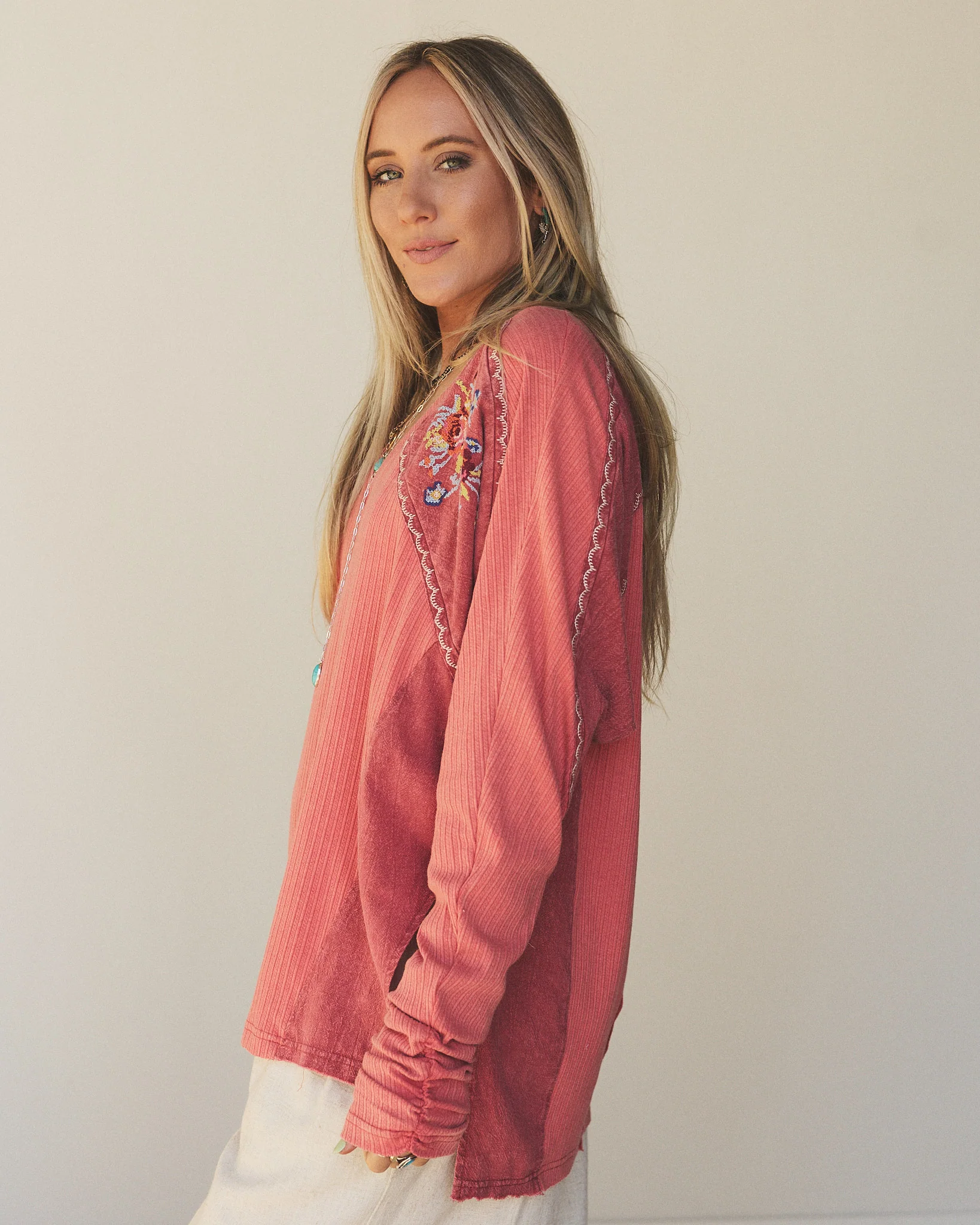 Rosebud Long Sleeve Embroidered Top - Rustic Red - Image 2