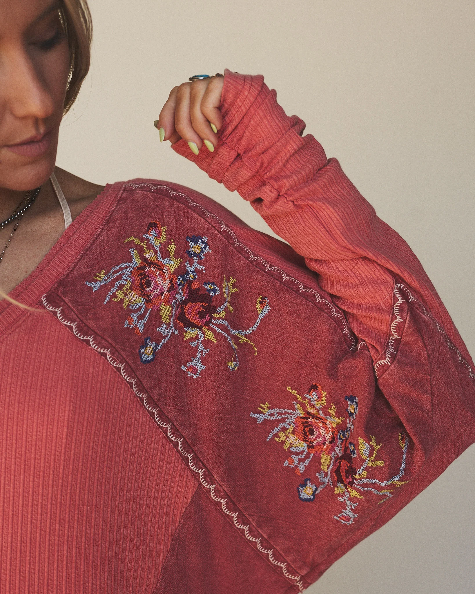 Rosebud Long Sleeve Embroidered Top - Rustic Red - Image 3